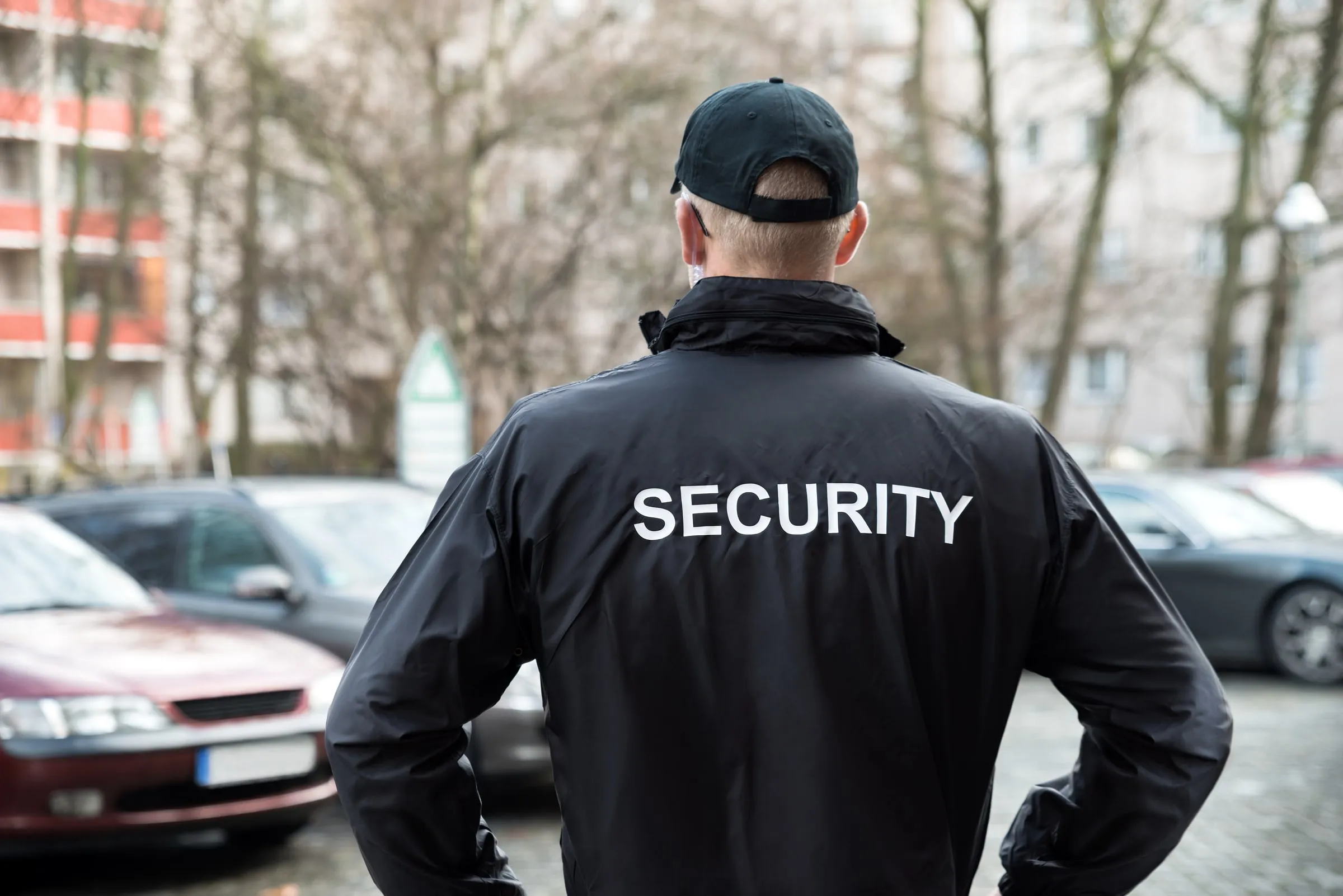Security officer with SECURITY across the back of a black jacket, seen from behind in a street of parked cars