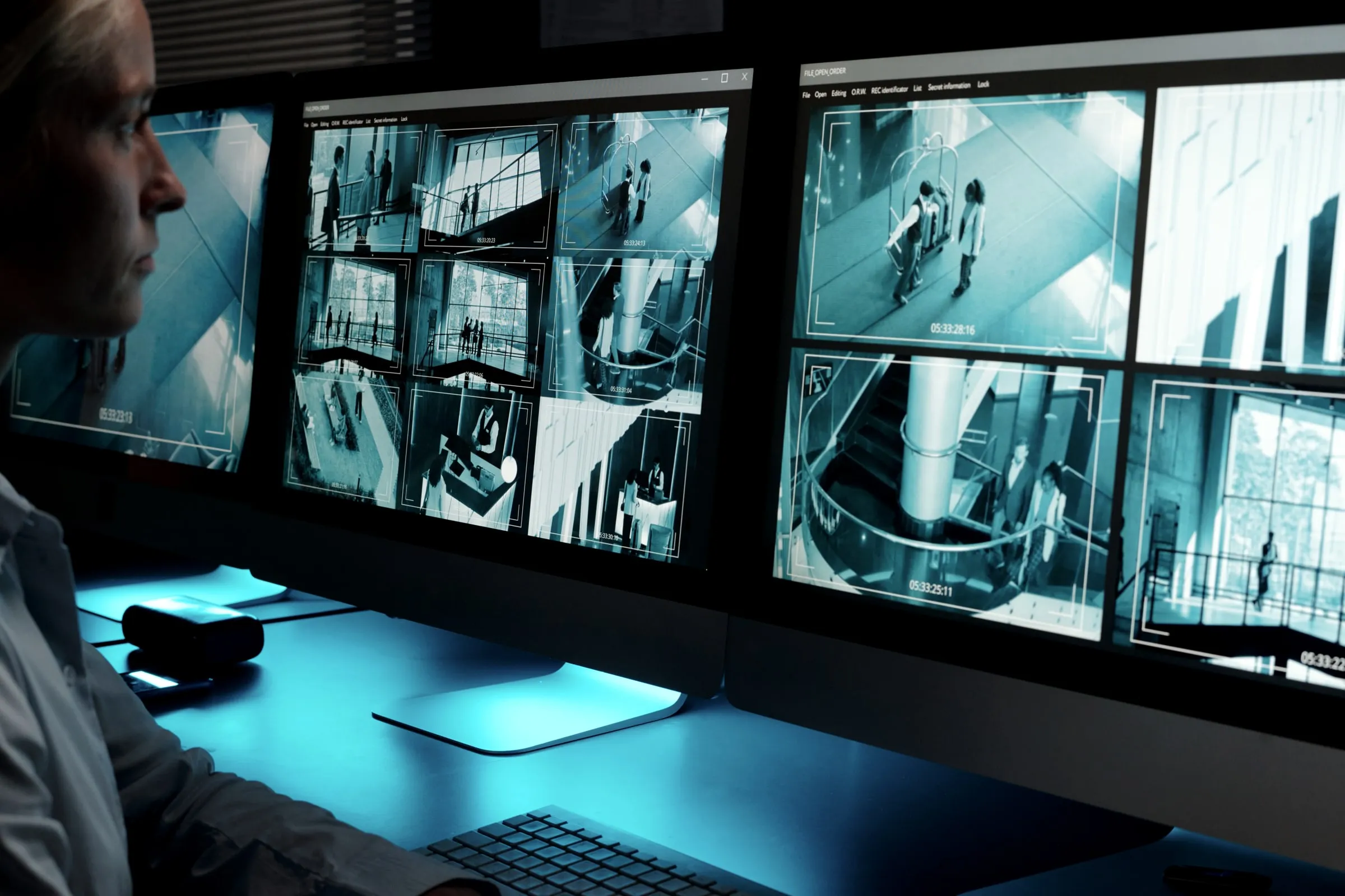 Wall of monitors showing camera feeds in a dark control room, with a security operator in profile