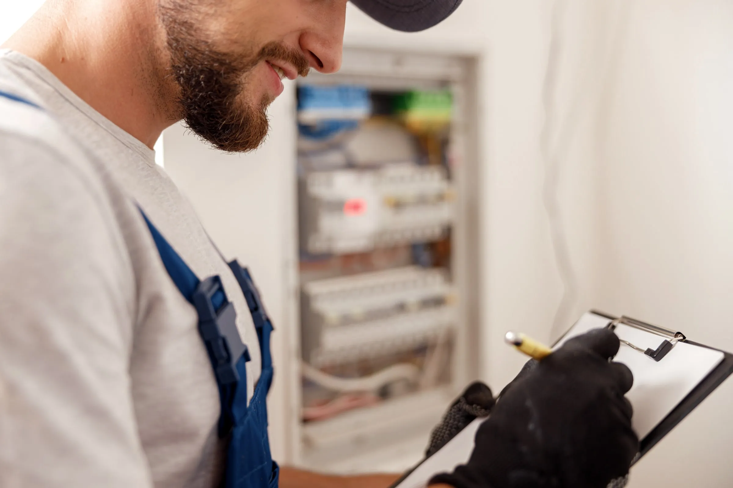 Worker in overalls holding a clipboard and pen in front of an open electrical panel