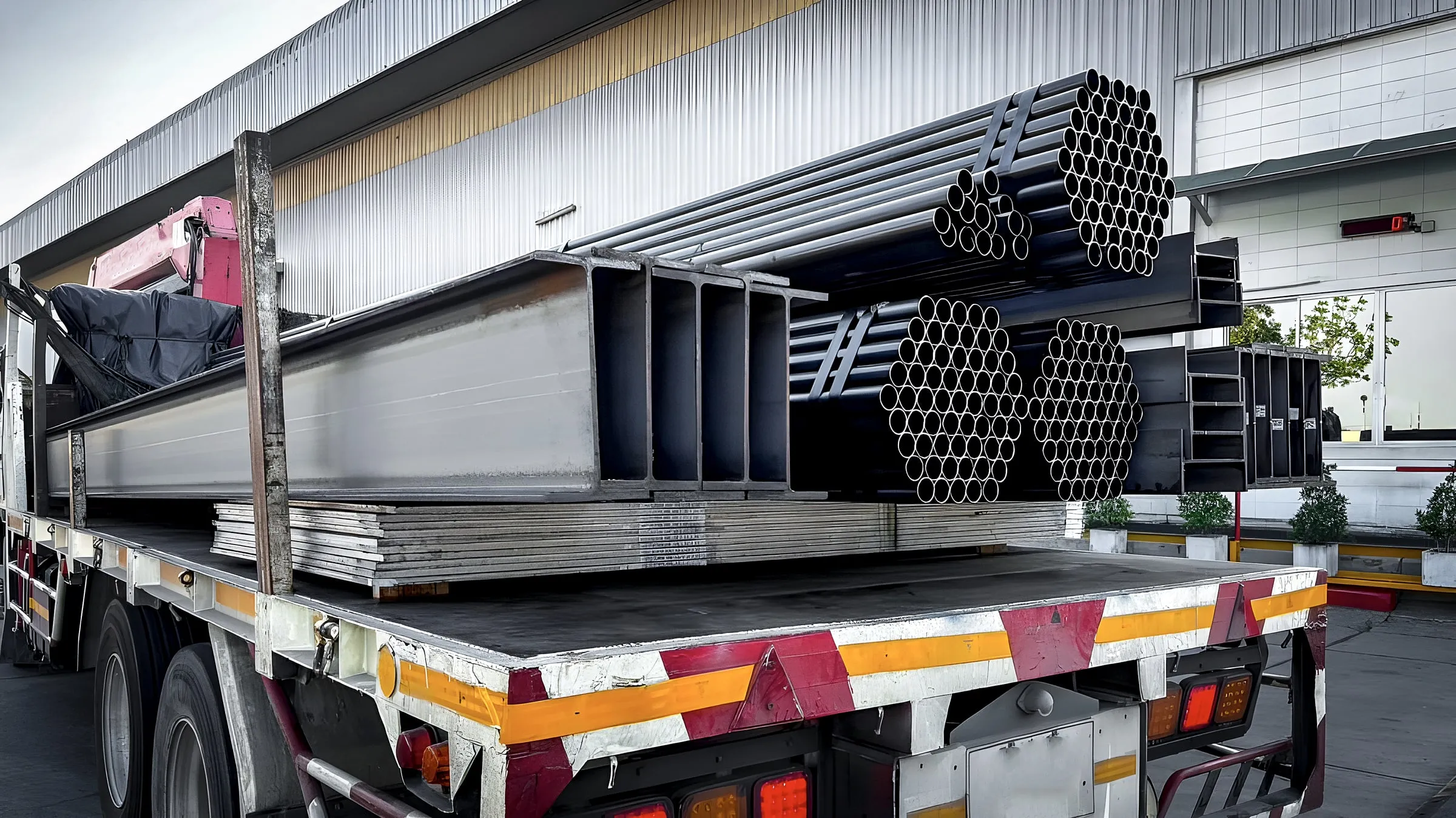Bundles of steel pipe and beams strapped to a flatbed trailer beside a warehouse