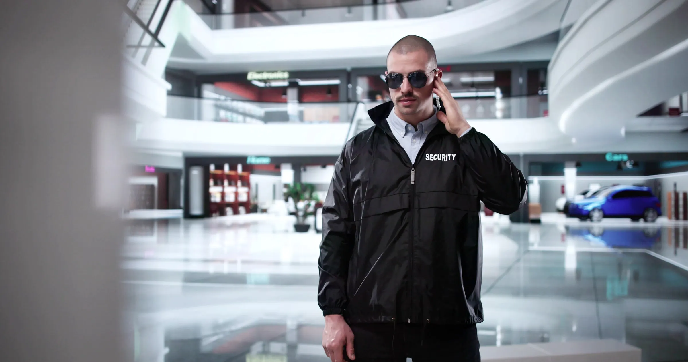 Security officer in a black jacket and sunglasses talking on a phone inside a shopping mall