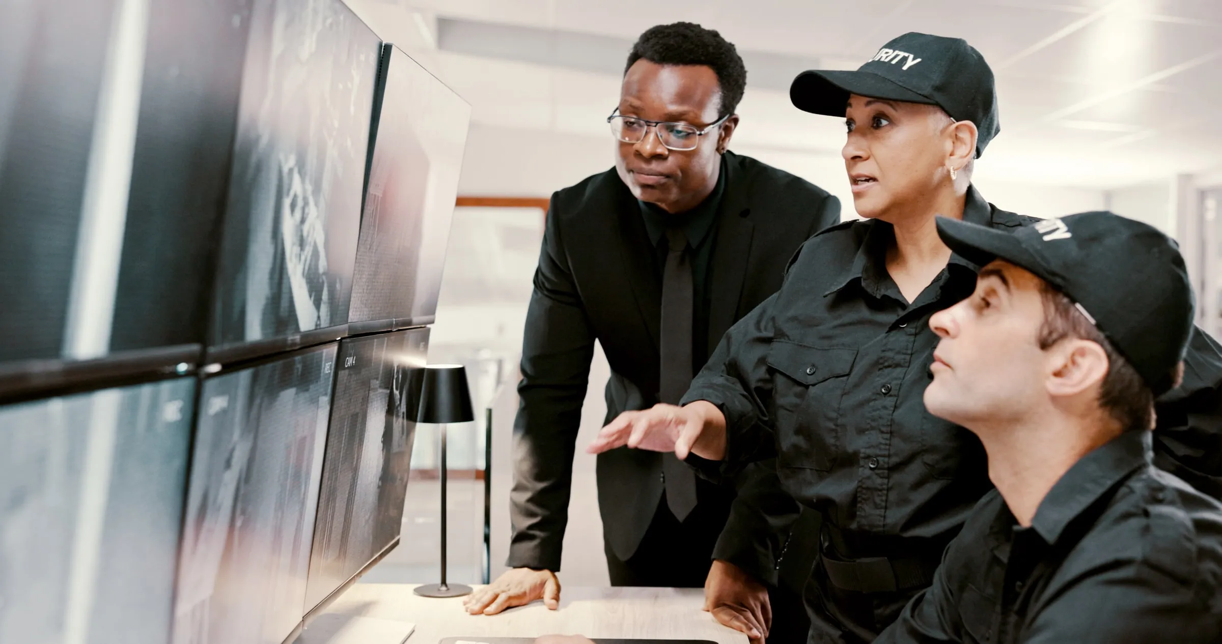 Three security officers in black uniforms in a briefing around a desk with a computer