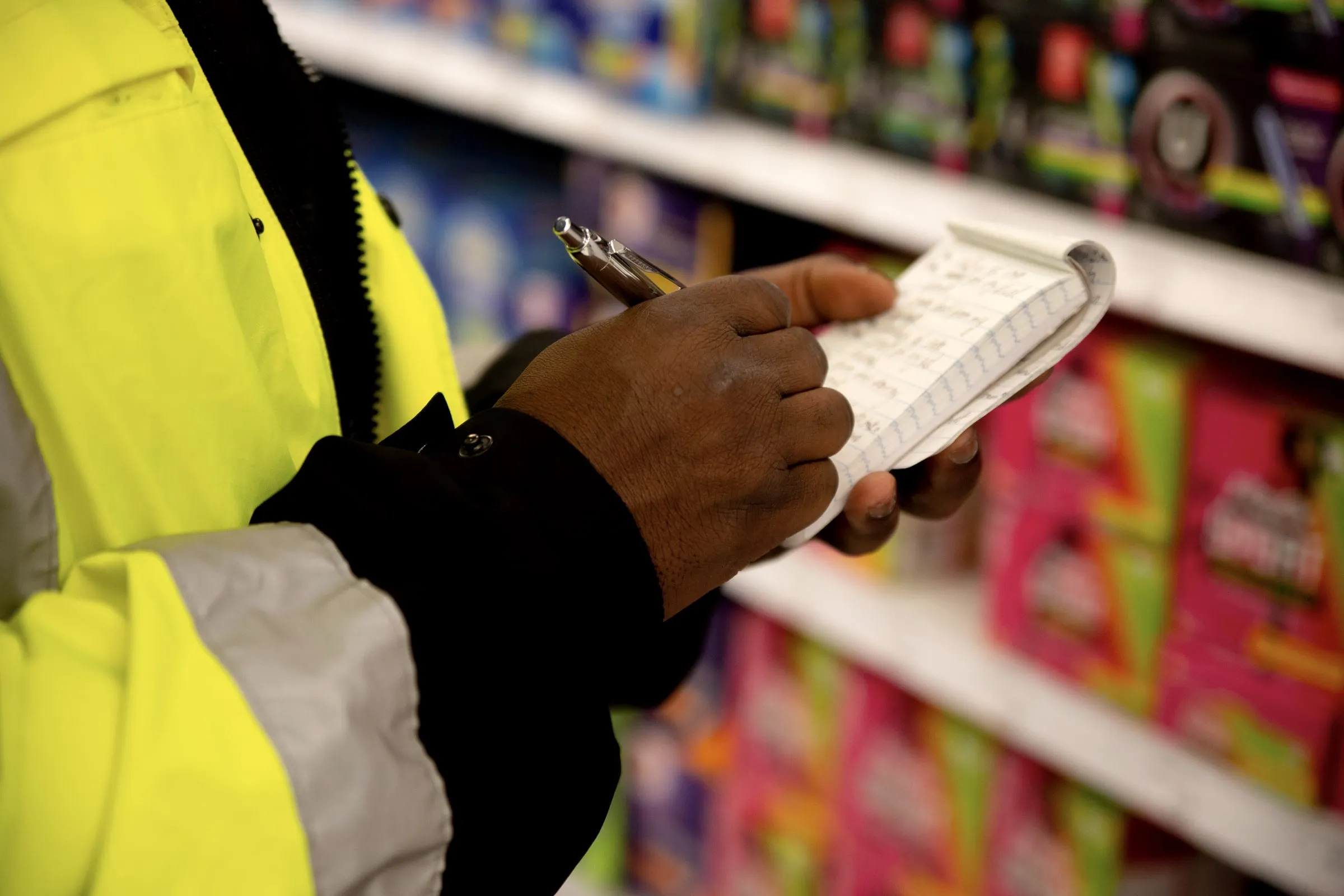 Officer in a hi-vis jacket writing in a small notebook in front of shelves of goods
