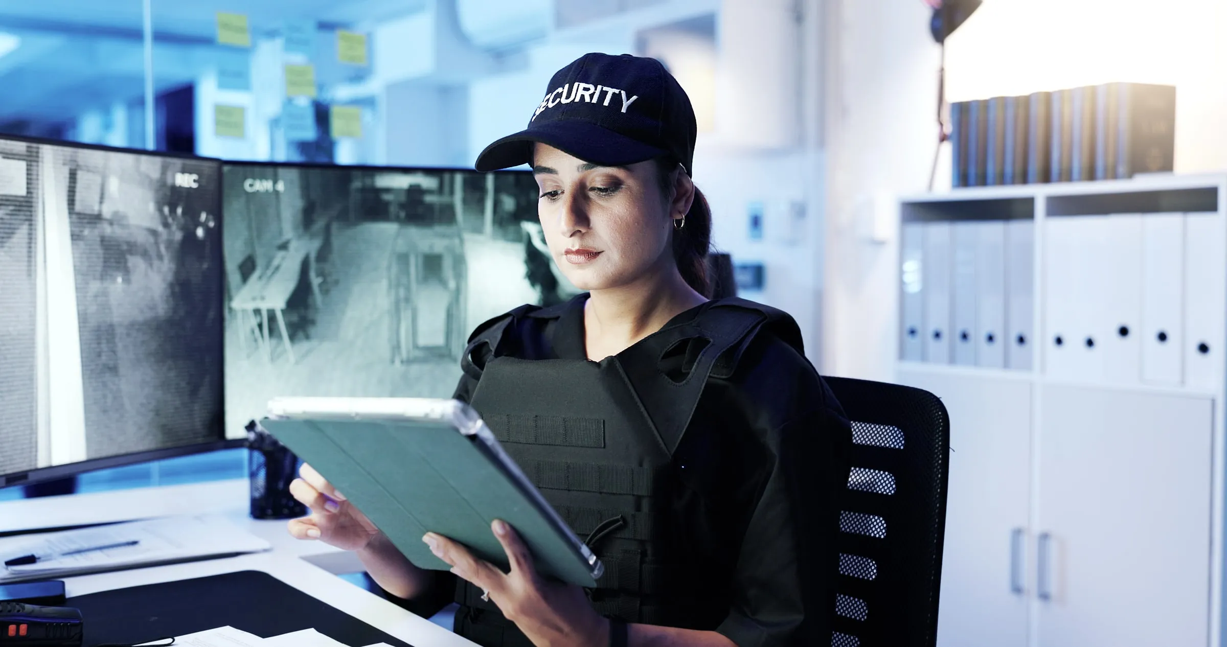 Female security officer in a dark vest reading a tablet at a desk with camera monitors