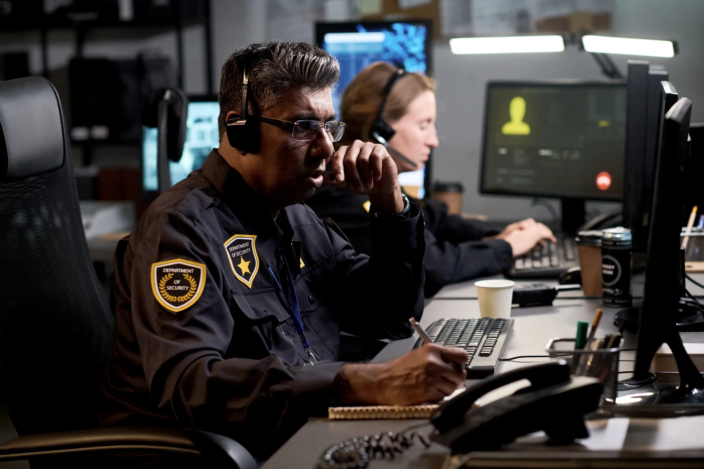 Security officer in a dark uniform with a badge seated at a desk with monitors, wearing a headset