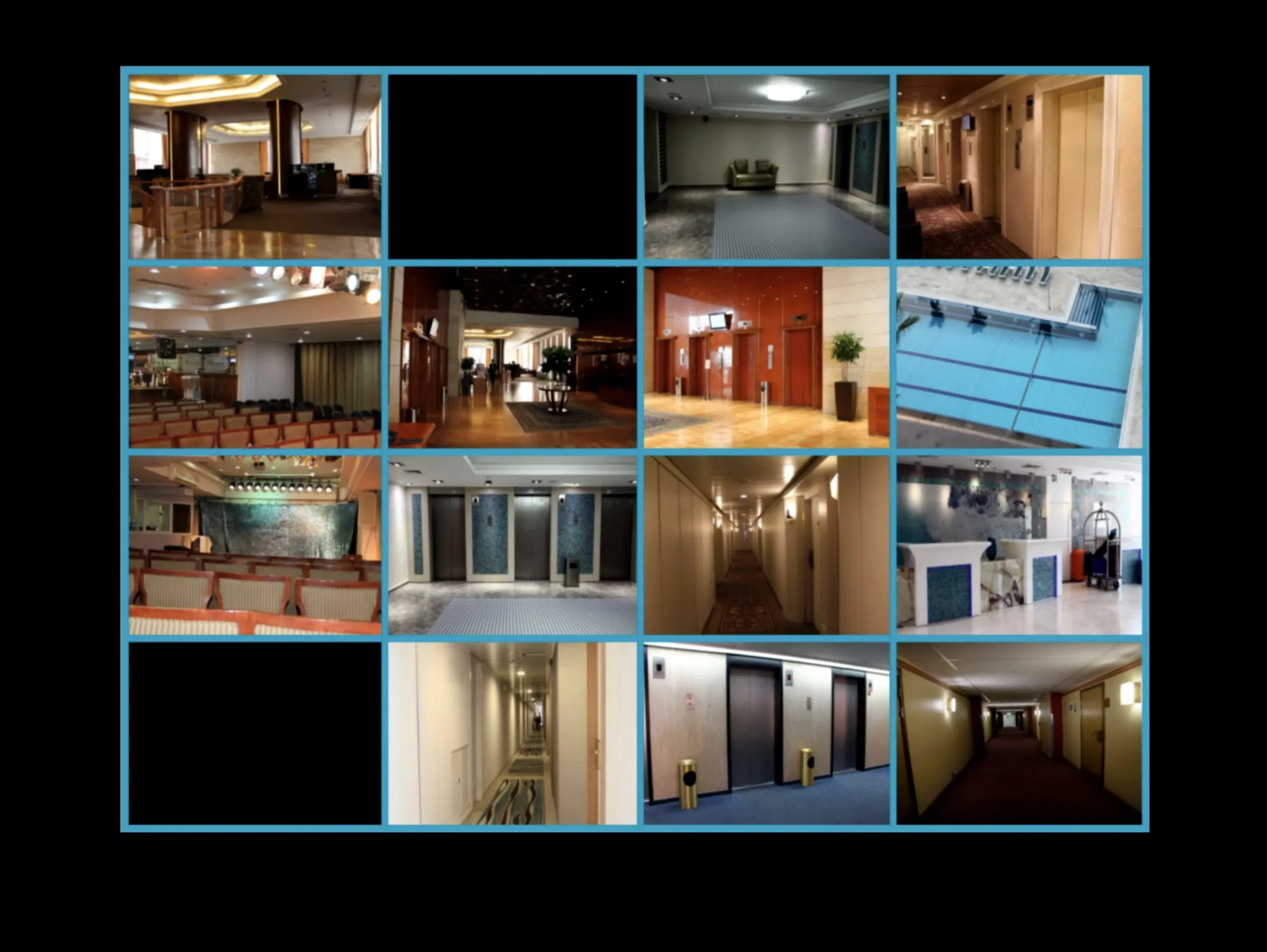 Grid of camera monitor views showing lobbies, corridors, elevators and a parking garage