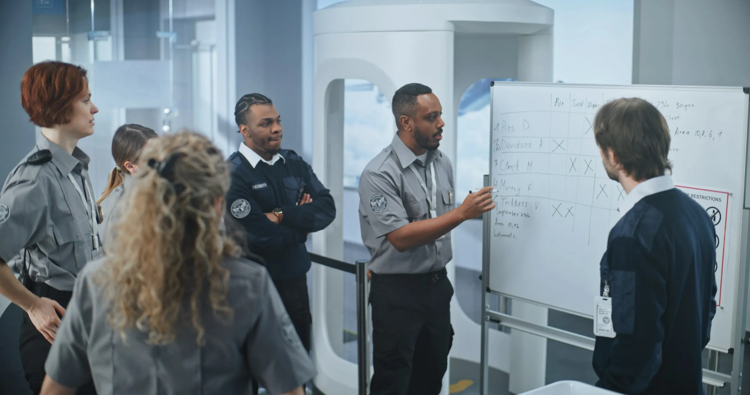 Security supervisor in a grey uniform briefing four officers at a whiteboard with a weekly roster