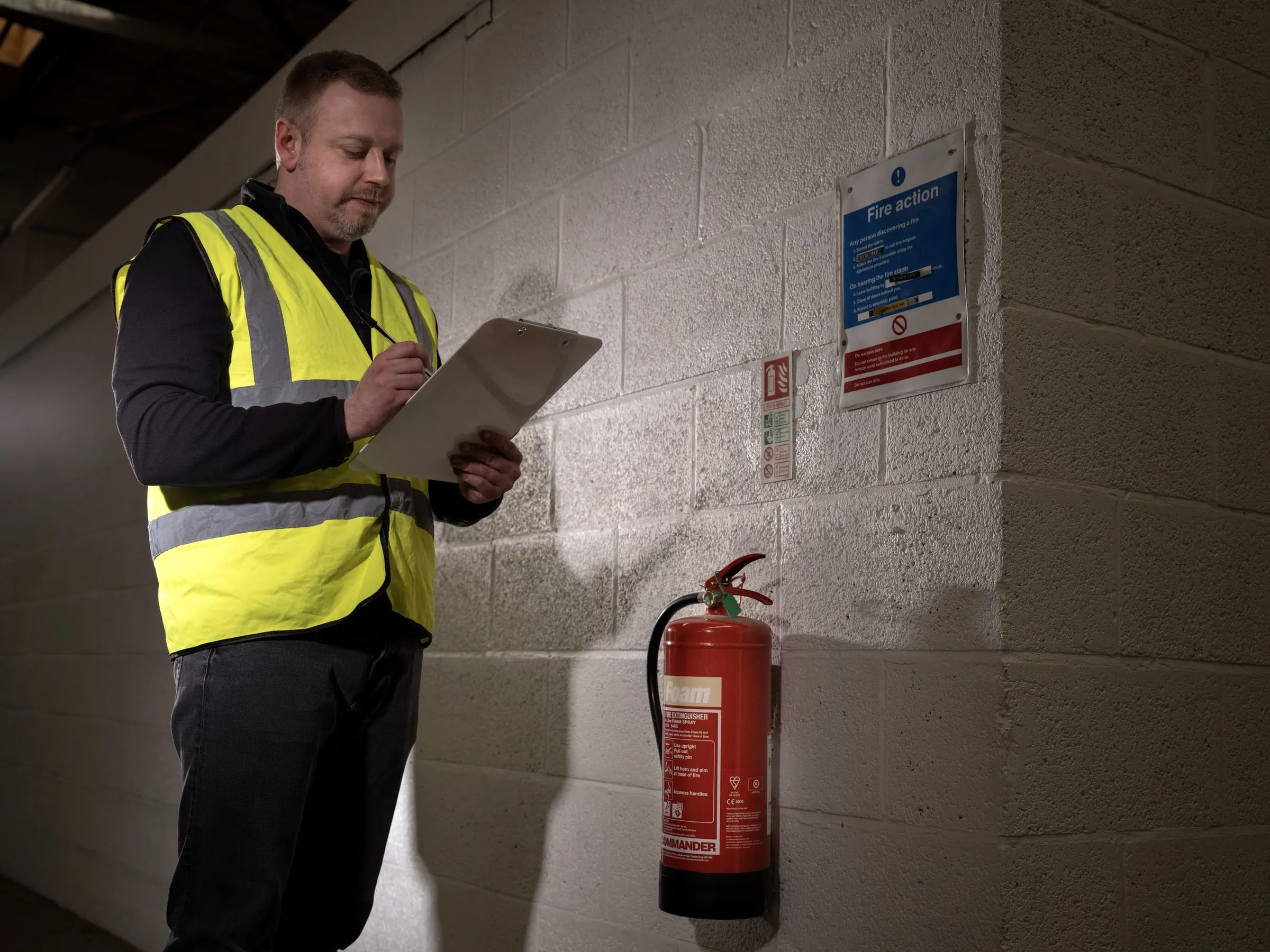 Fire watch officer checking an extinguisher station