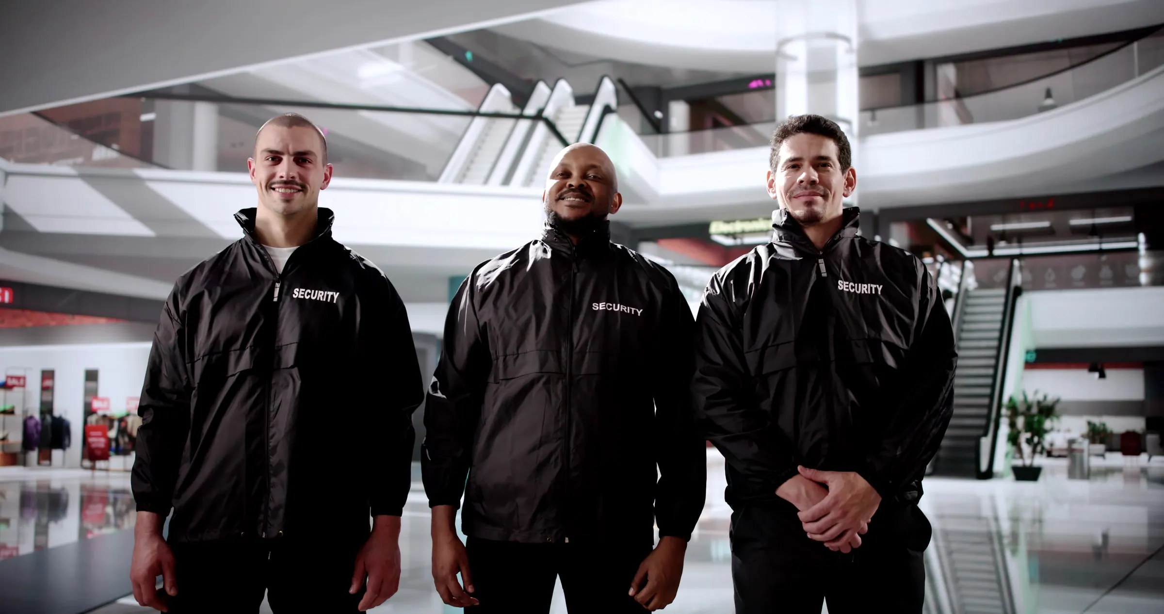 Three security officers in black jackets printed with Security standing together in a mall atrium with an escalator and storefronts behind them