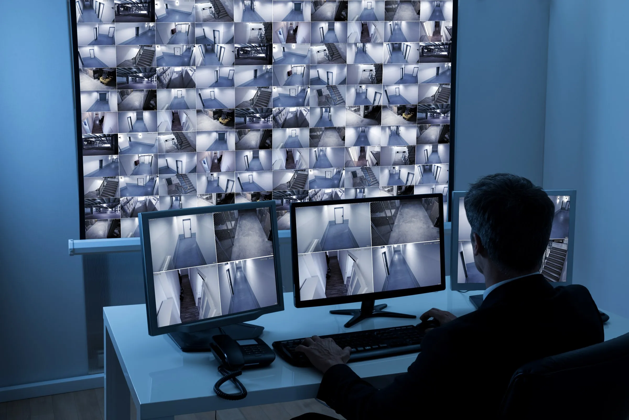 Officer at a desk watching a wall of camera feeds on monitors in a dark control room