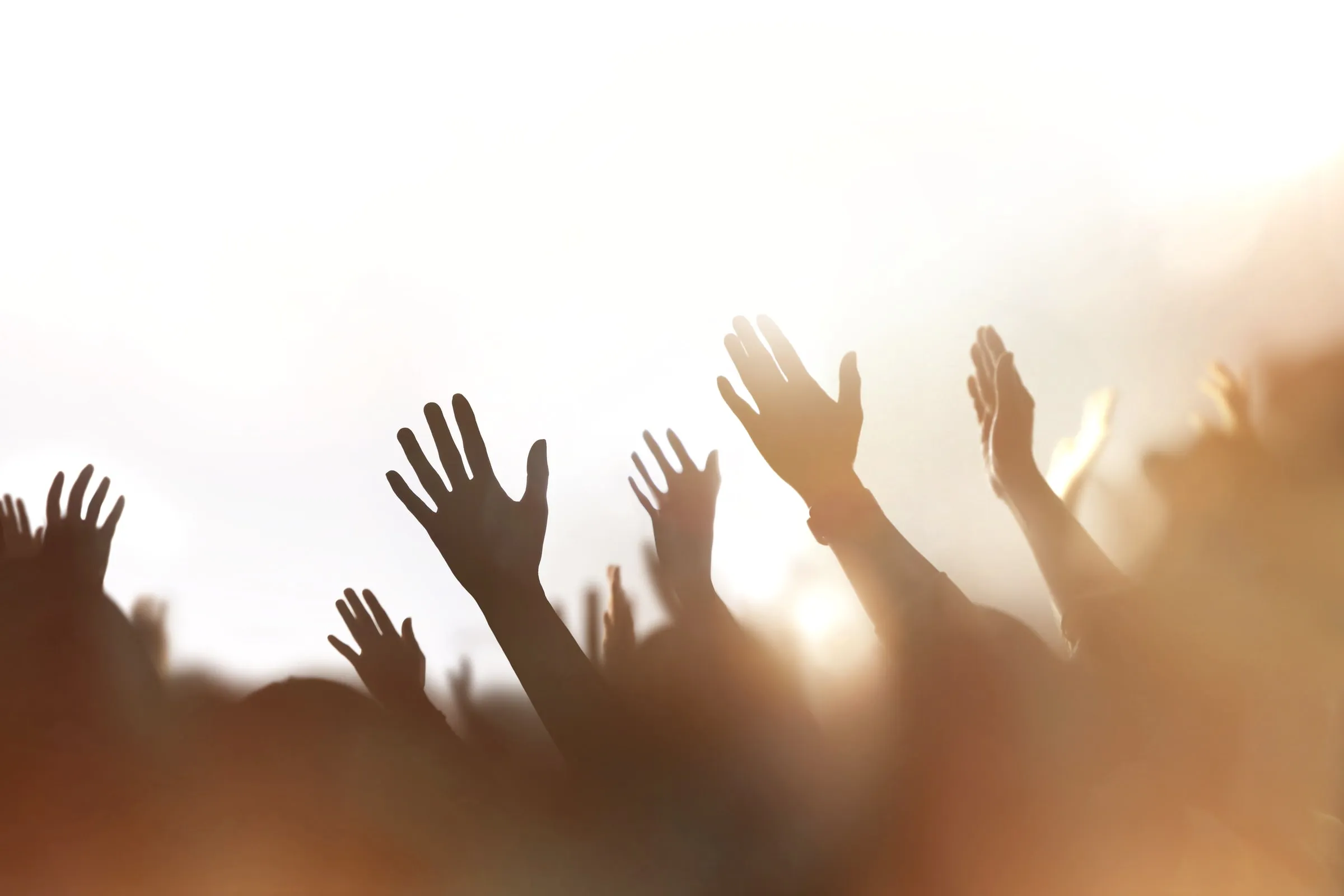 Silhouetted crowd with raised hands against a warm, hazy light
