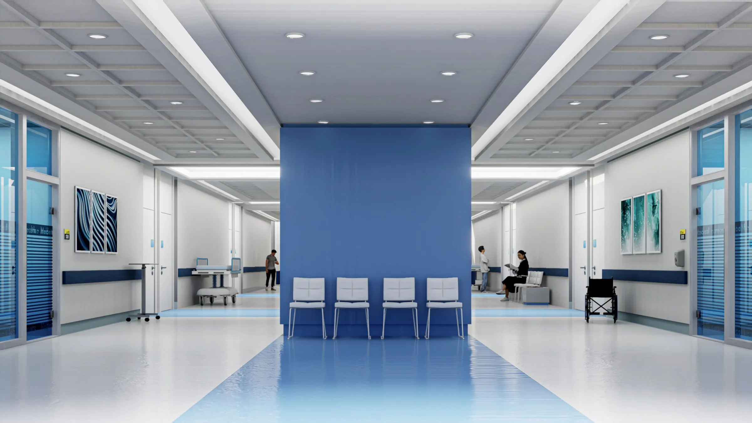 Modern clinic corridor with a blue accent wall, rows of waiting chairs, a wheelchair parked nearby and two people seated in a distant waiting area