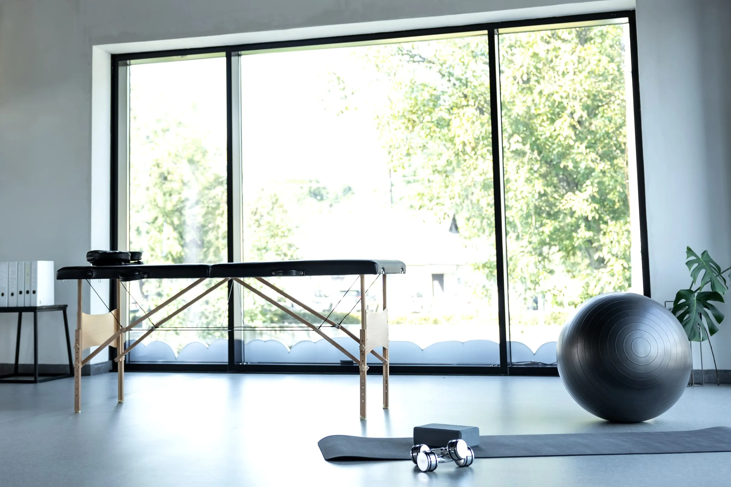 Empty treatment room with a portable black massage table, a yoga ball, hand weights and a mat, in front of large windows facing trees