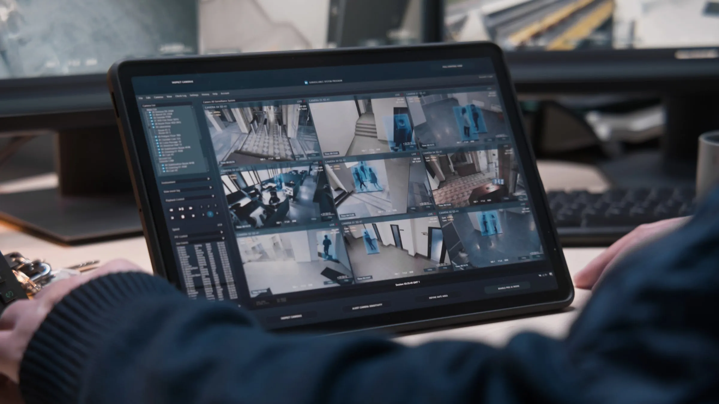 Hands holding a tablet showing a grid of security camera feeds beside a keyboard