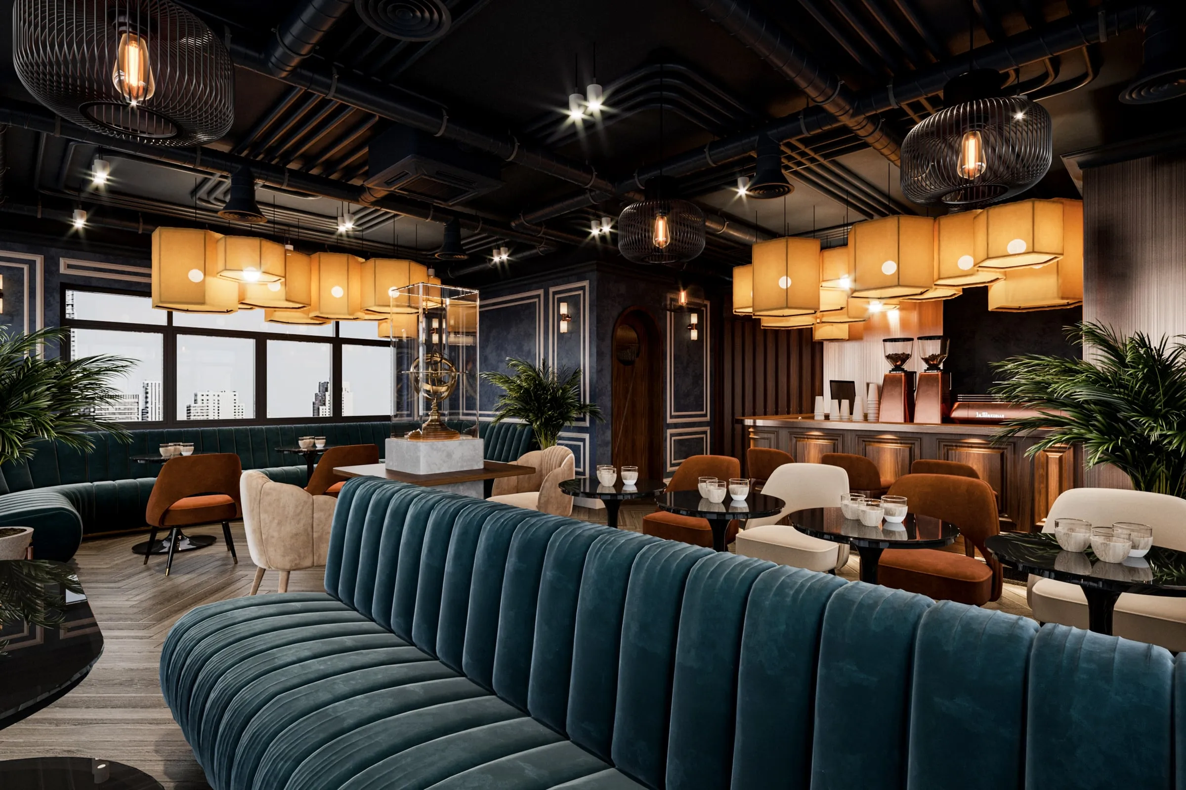 Empty upscale lounge with a curved teal velvet banquette, small round tables set with glasses, pendant lamps and a bar with espresso machines
