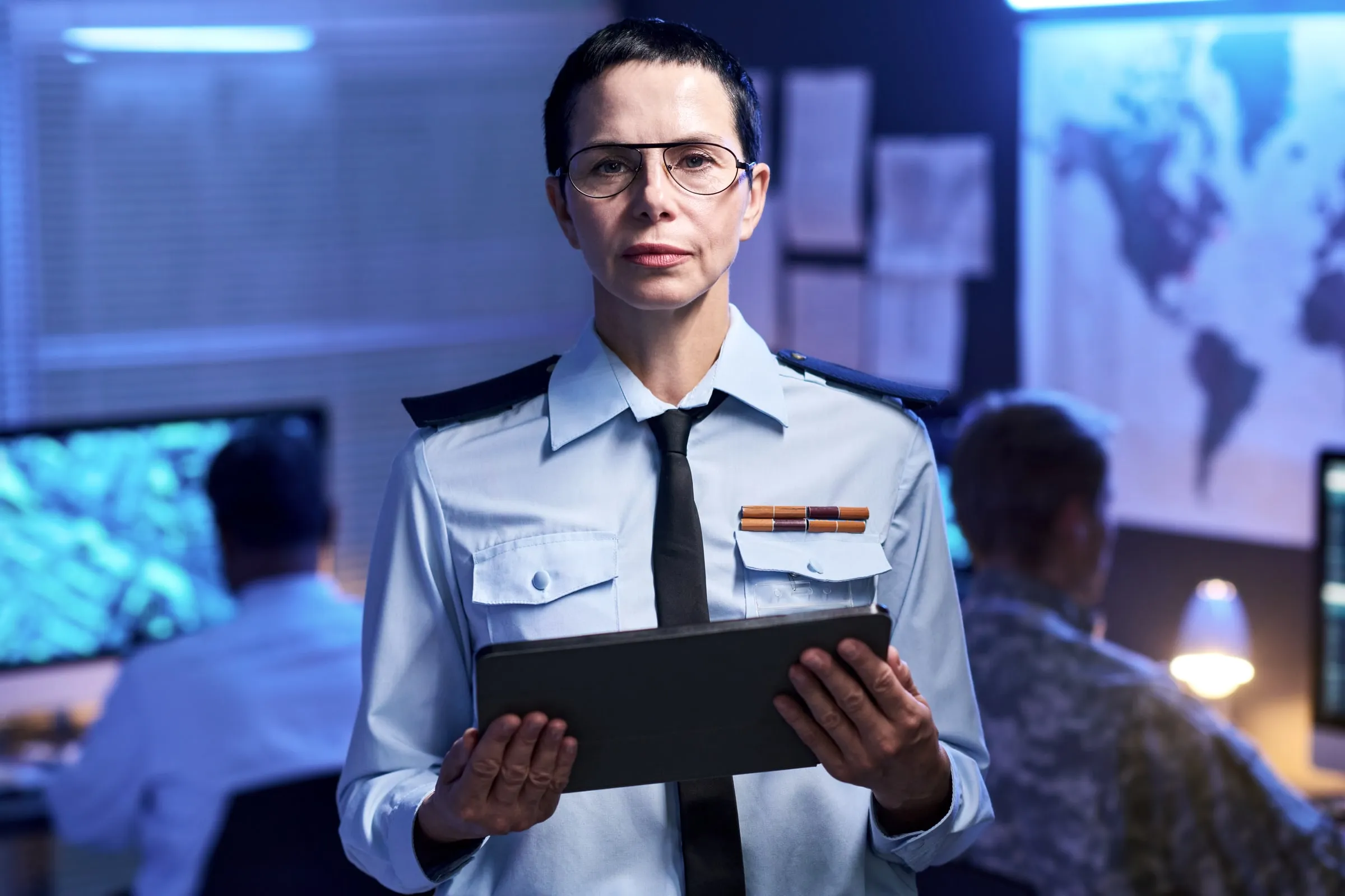 Uniformed officer holding a tablet in a monitoring room with camera and mapping screens in the background
