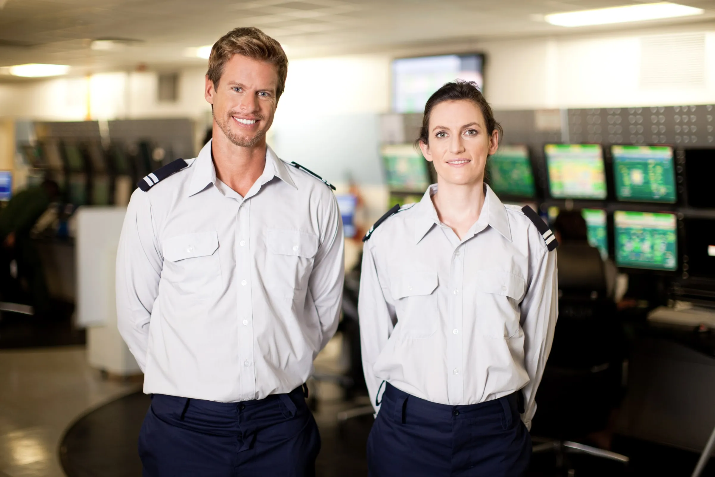 Two officers in light uniform shirts standing together in an operations room with large monitor screens behind them