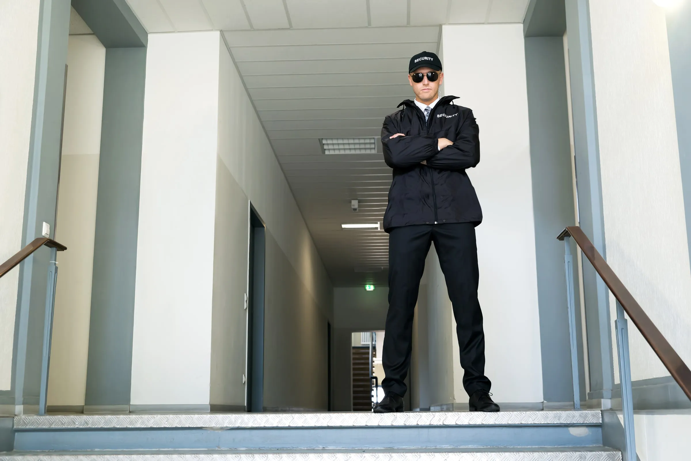 Security officer in a black SECURITY cap, sunglasses and jacket standing with arms folded at the top of a stairwell in a bright corridor