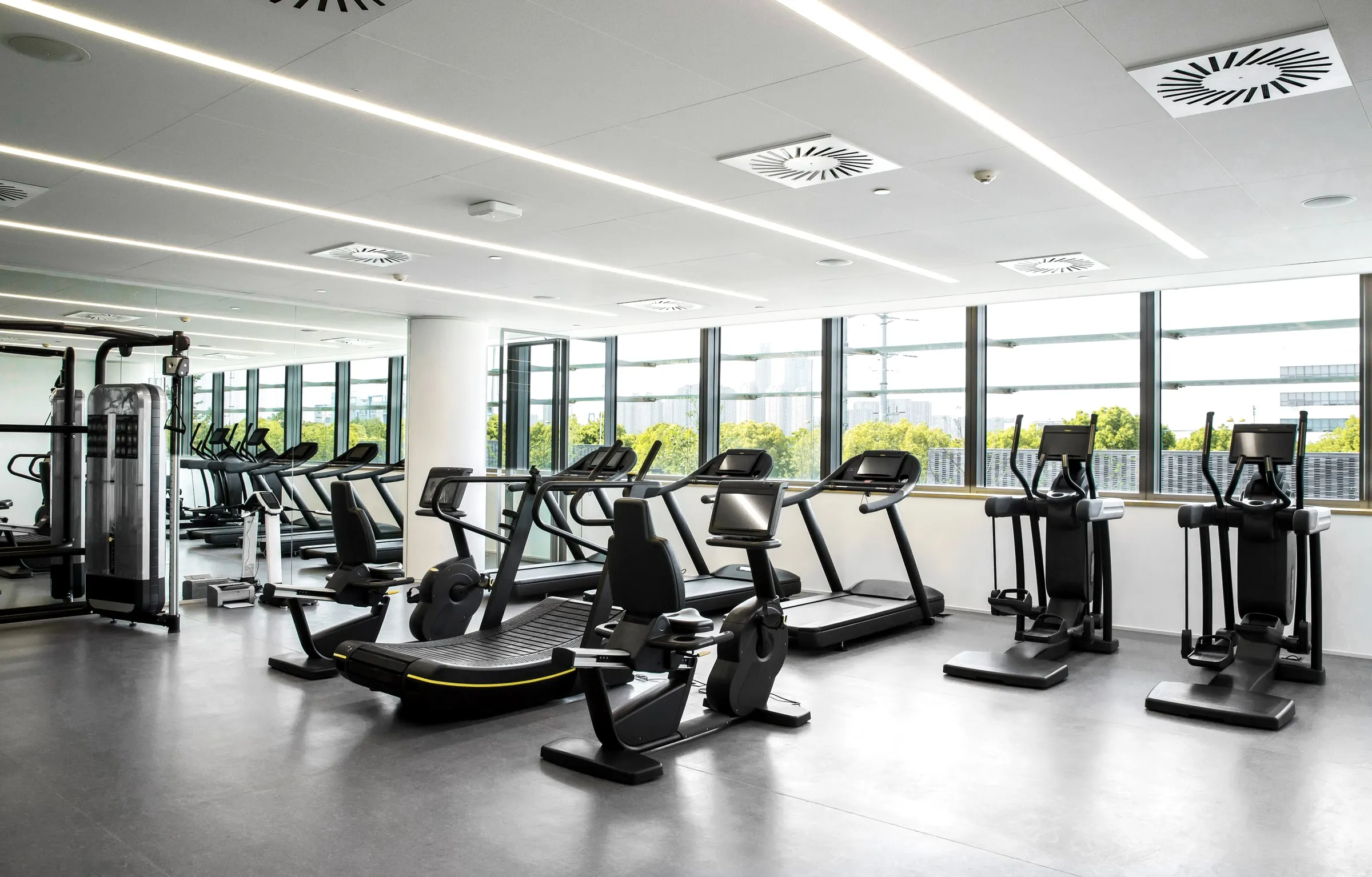 Bright fitness center with rows of treadmills and elliptical machines by large windows