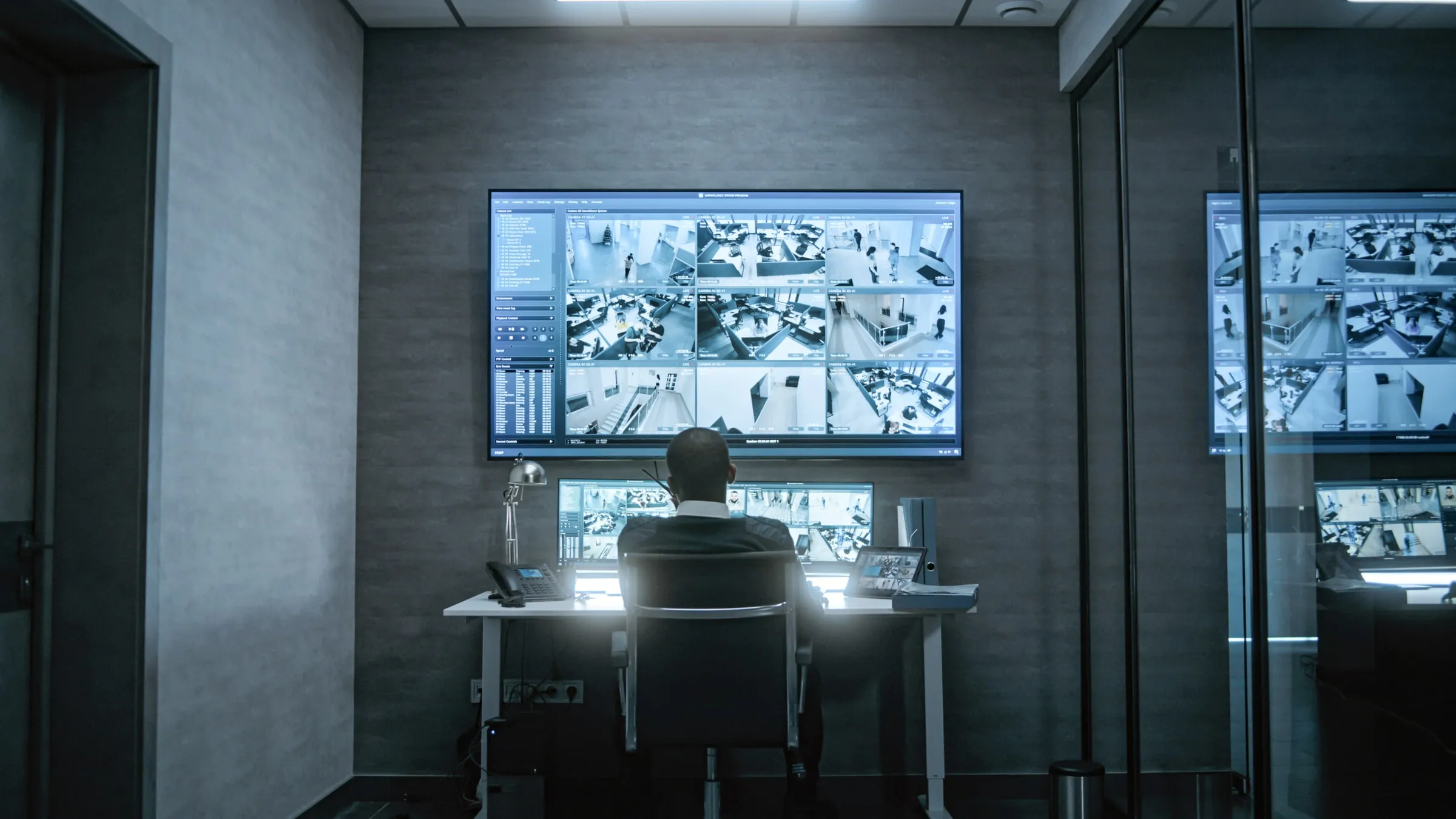 Officer seated at a desk in a dark room watching a wall of camera monitors