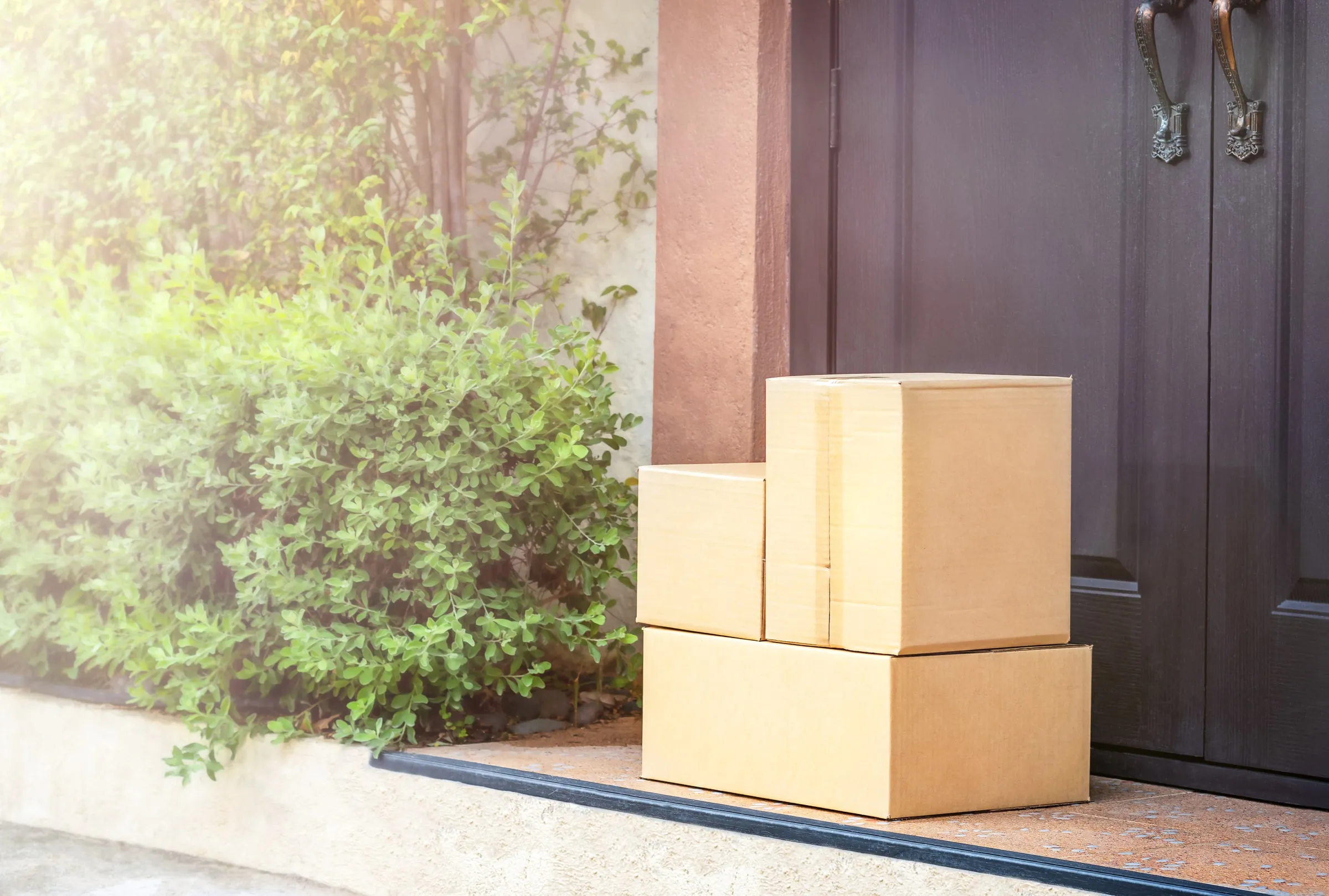 Three cardboard delivery boxes stacked on a tiled doorstep beside a dark wooden double door with ornate handles and a green shrub in sunlight