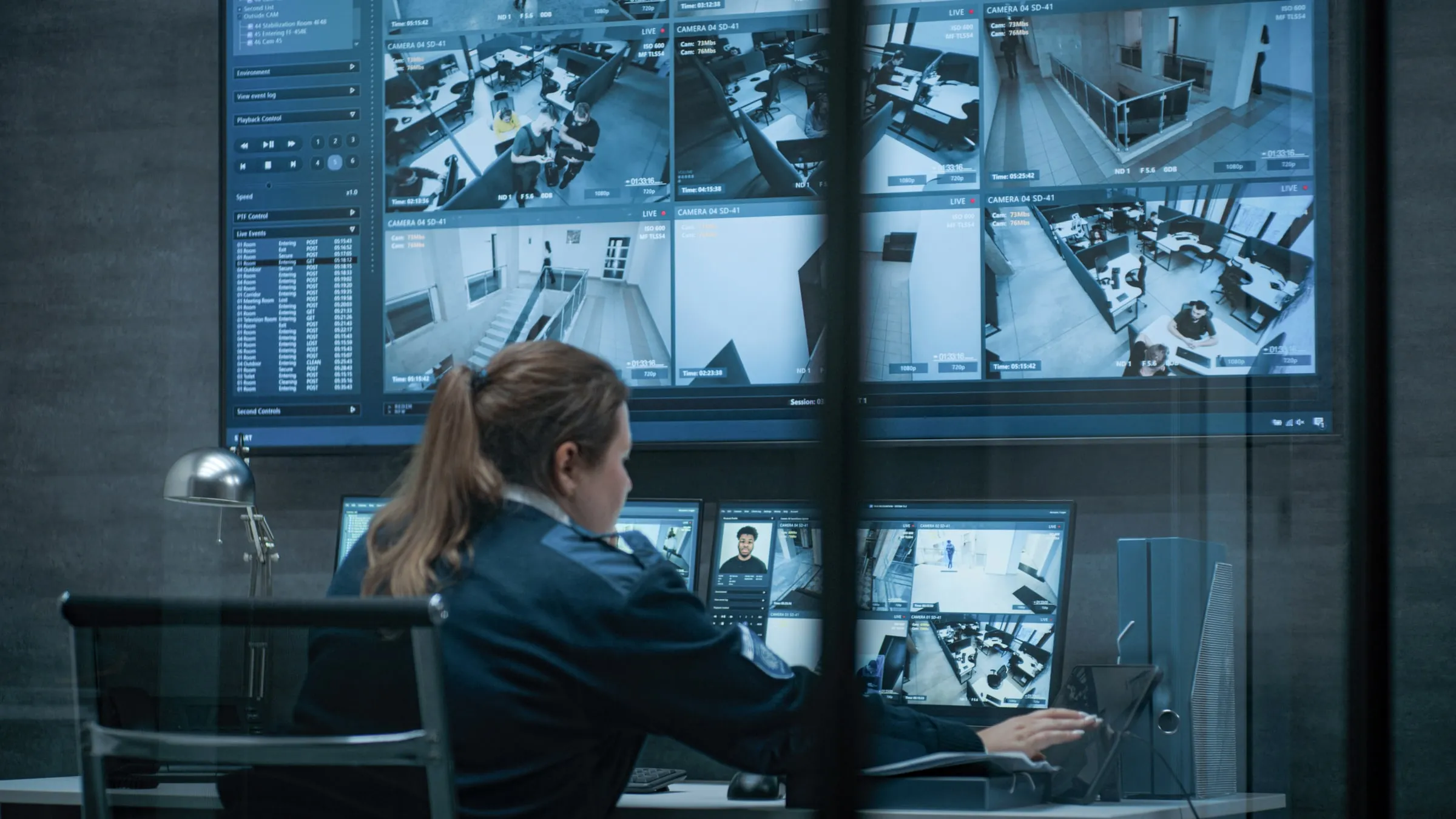 Officer seated at a control desk watching a large wall of camera feeds