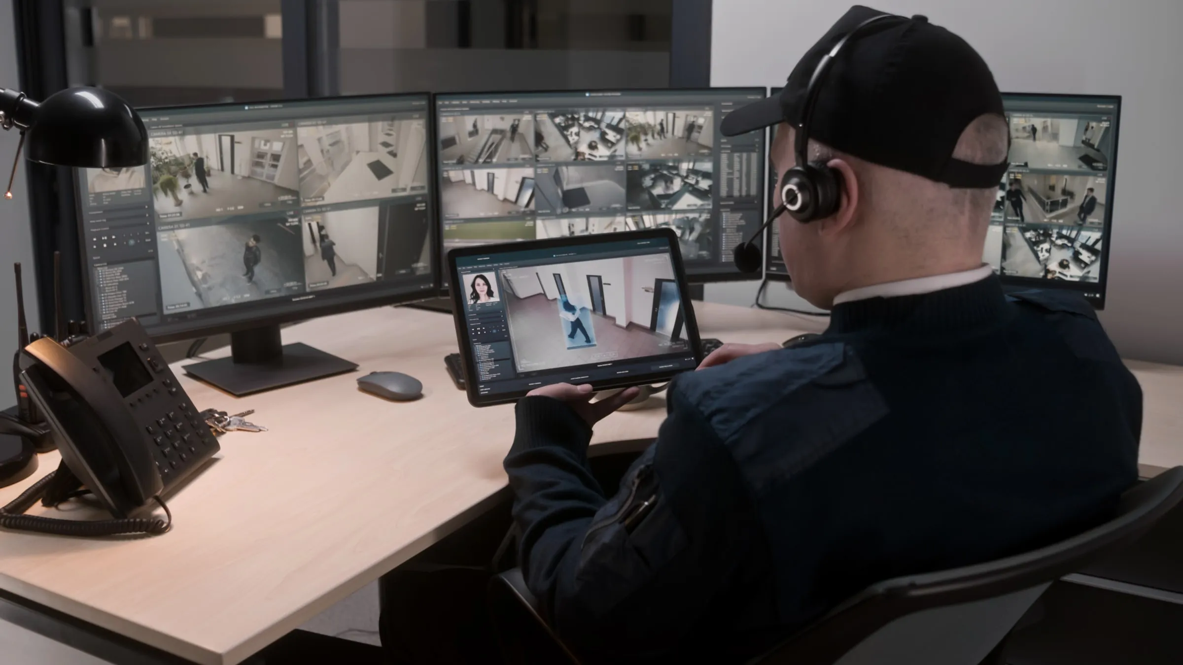 A uniformed officer wearing a headset and radio reviews camera footage on a tablet at a desk with several monitors behind him