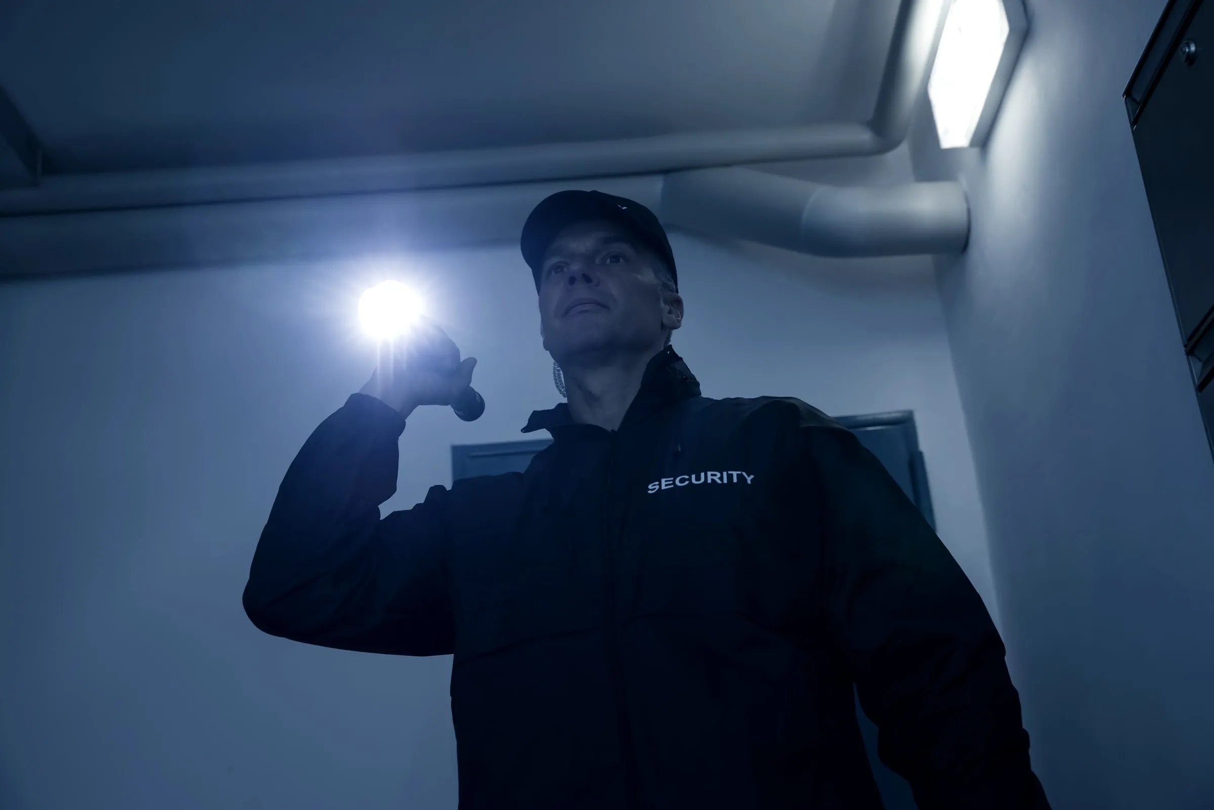 A security officer in a dark jacket marked security holds a flashlight and looks upward in a dim hallway