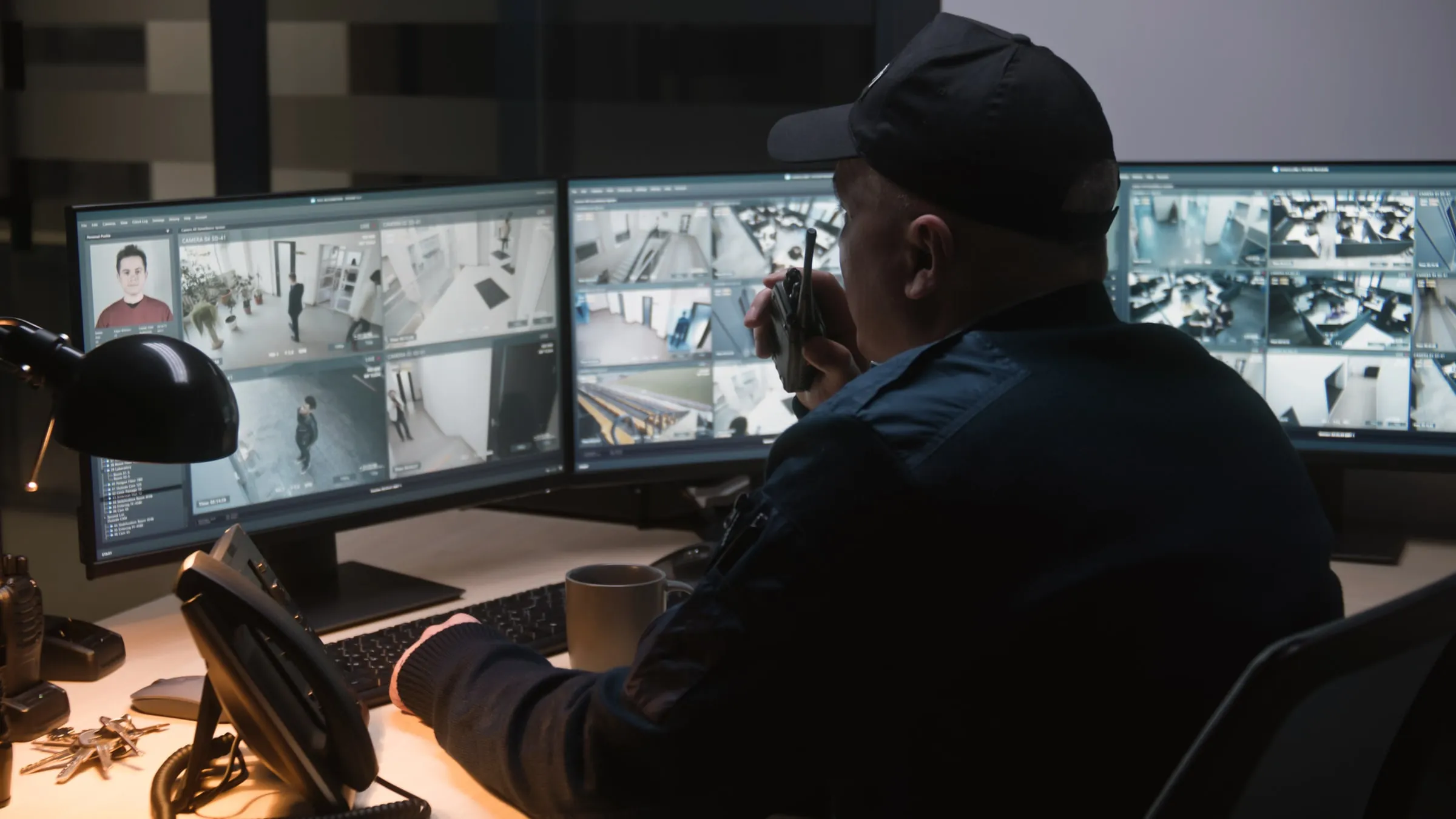 A security officer wearing a headset speaks into a handheld radio while monitoring camera screens at a night desk