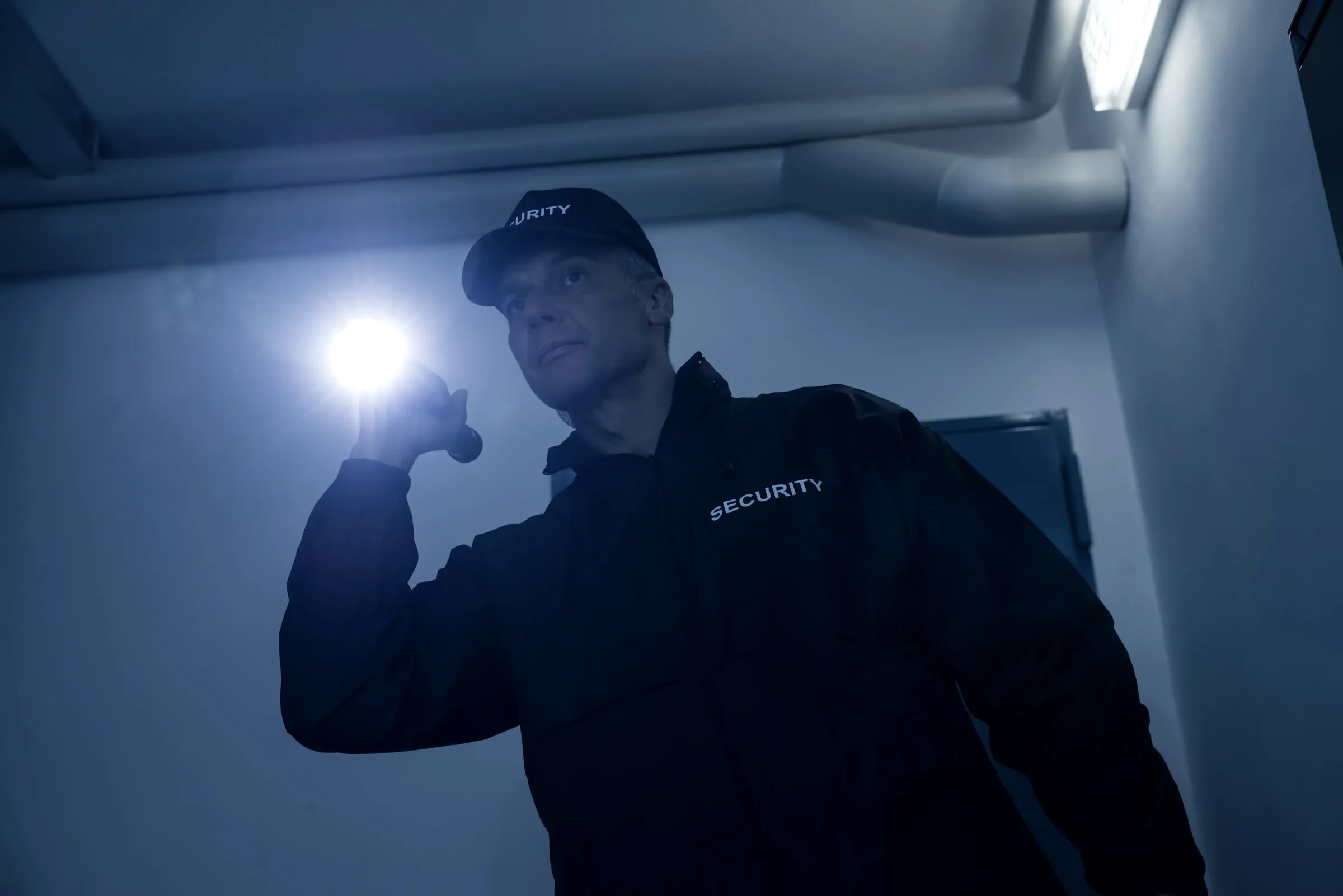 Security officer in a black SECURITY cap and jacket raising a flashlight in a dim corridor with exposed ductwork overhead