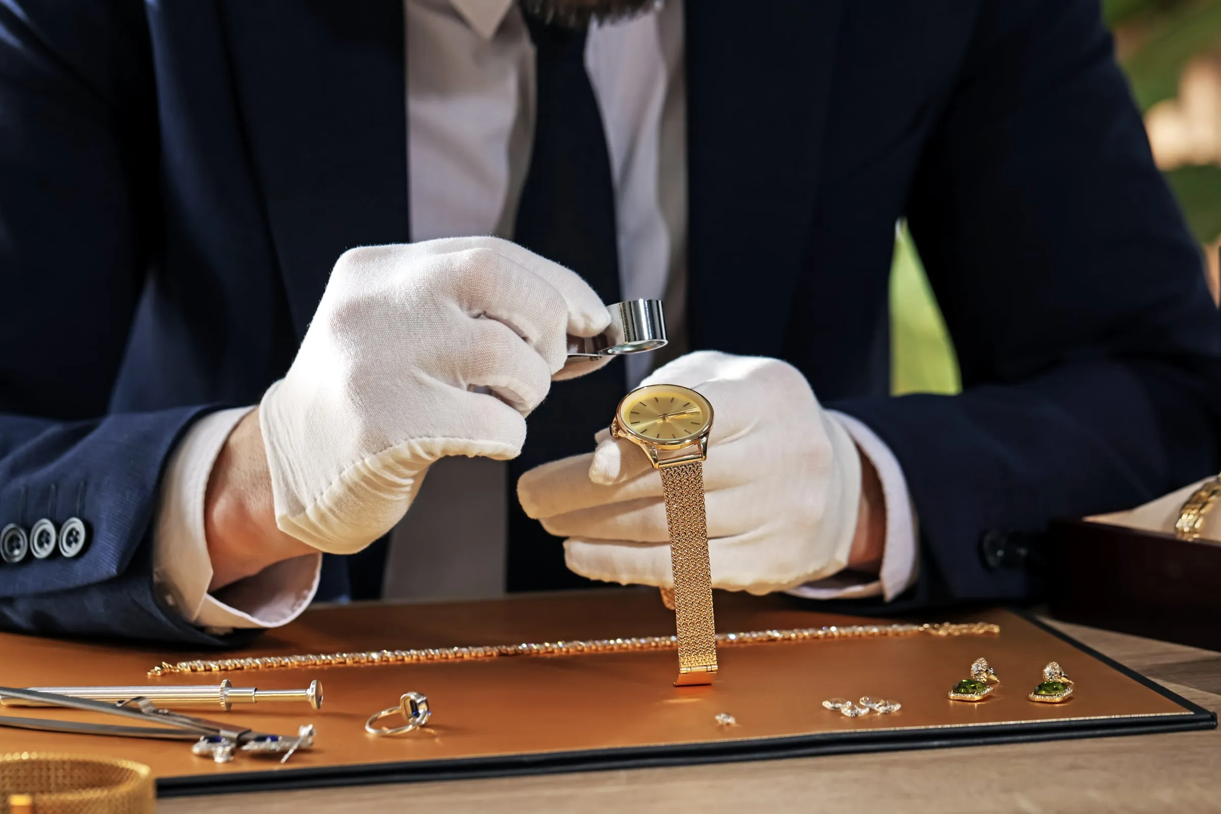Appraiser in white cotton gloves examining a gold watch with a loupe above a tray of rings, bracelets and earrings