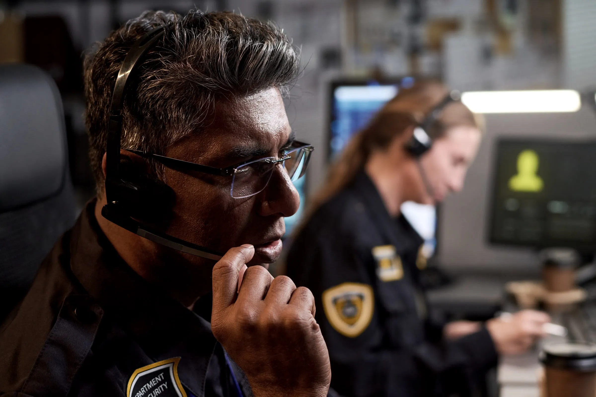 Security officer in a dark uniform and headset resting a hand on his chin while watching monitors, with a second officer at a desk behind him