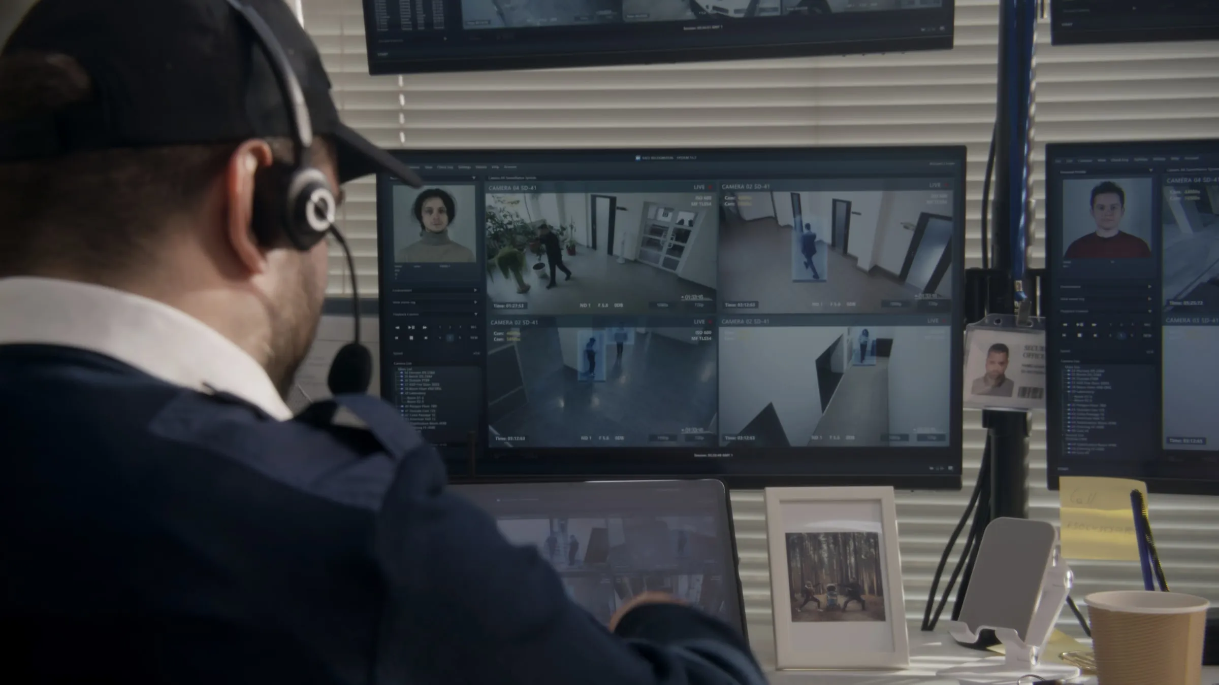 A security officer wearing a headset and cap monitors multiple camera screens showing building interiors and a facial recognition profile