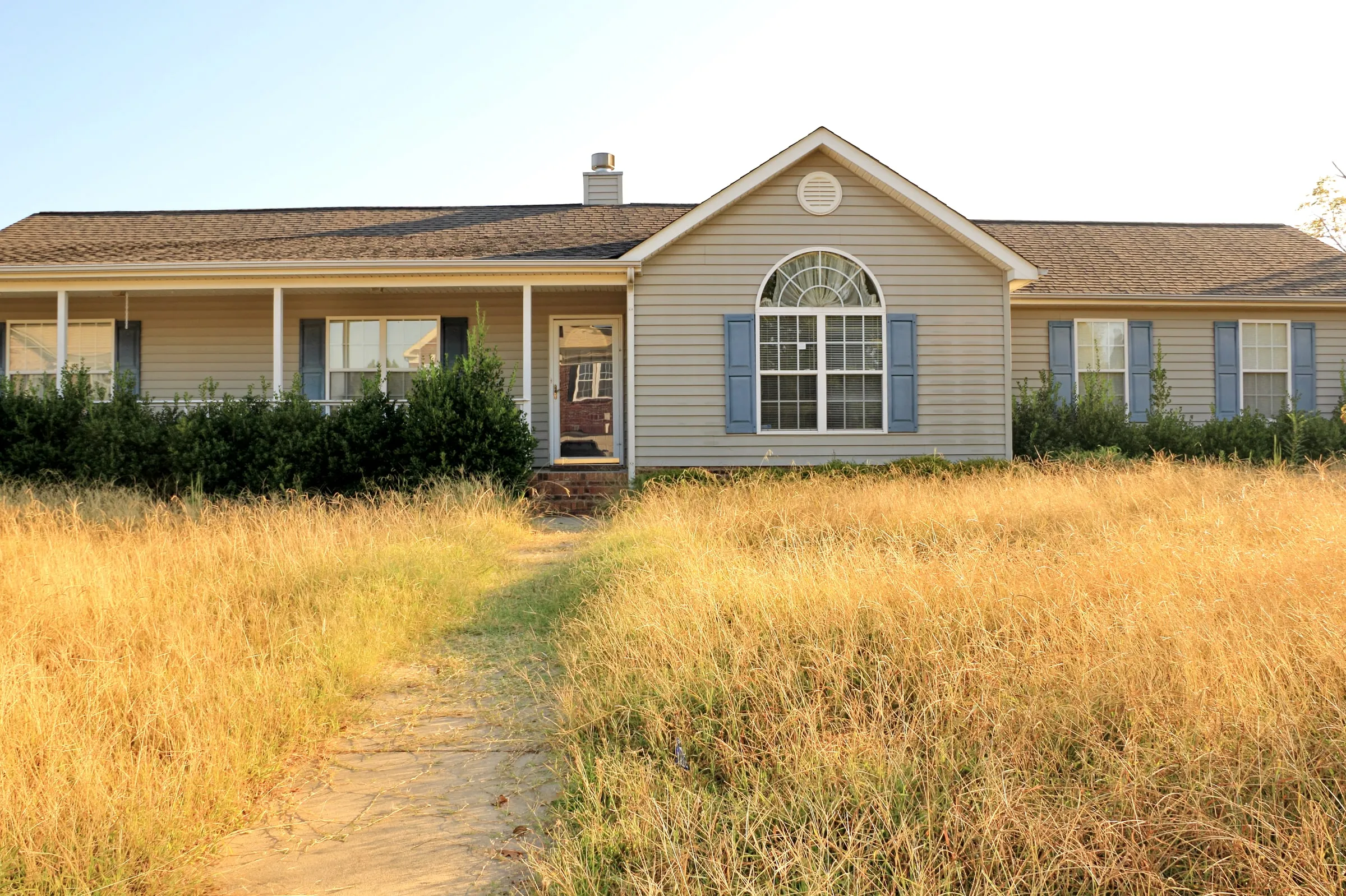 Single-story house with a tall grass yard and a worn path to the front door