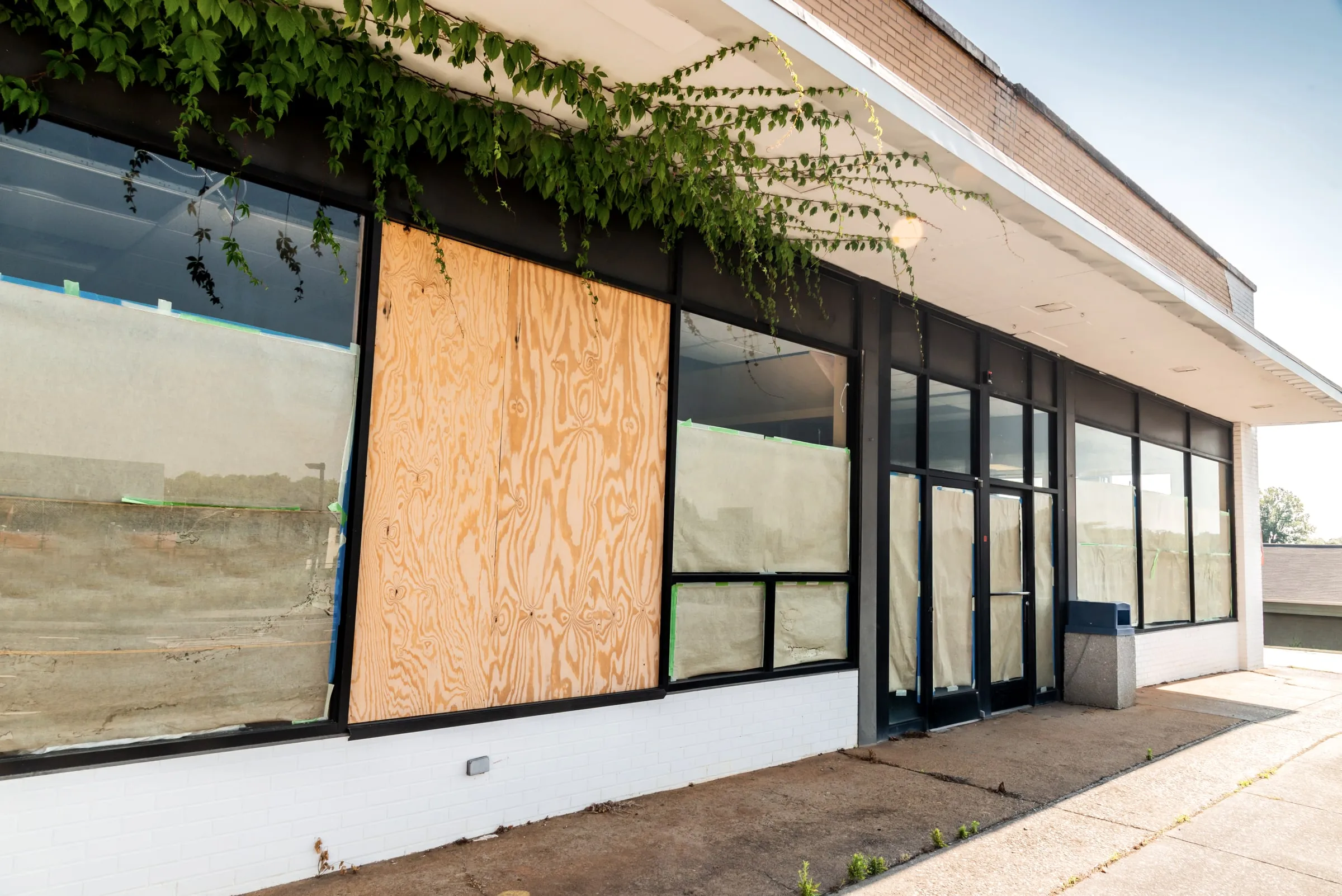 Vacant storefront with plywood over the windows and vines growing on the facade
