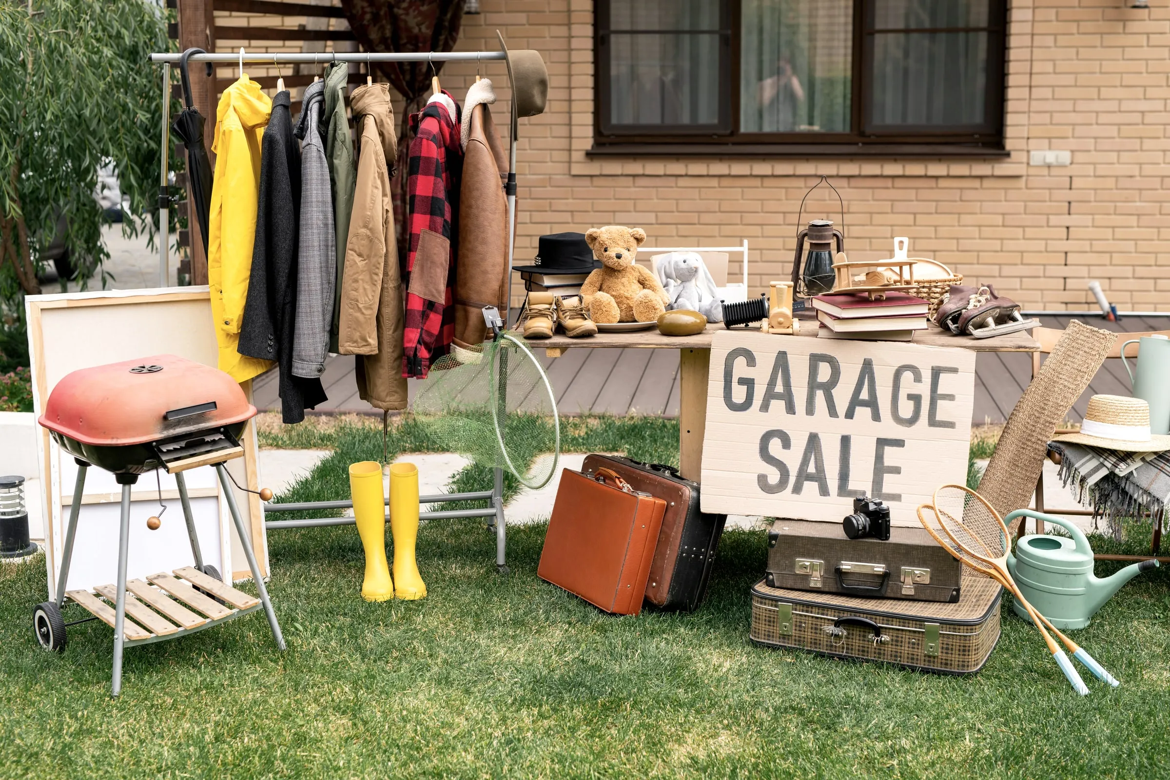 Garage sale display of clothing, a grill, boots and household items on a lawn