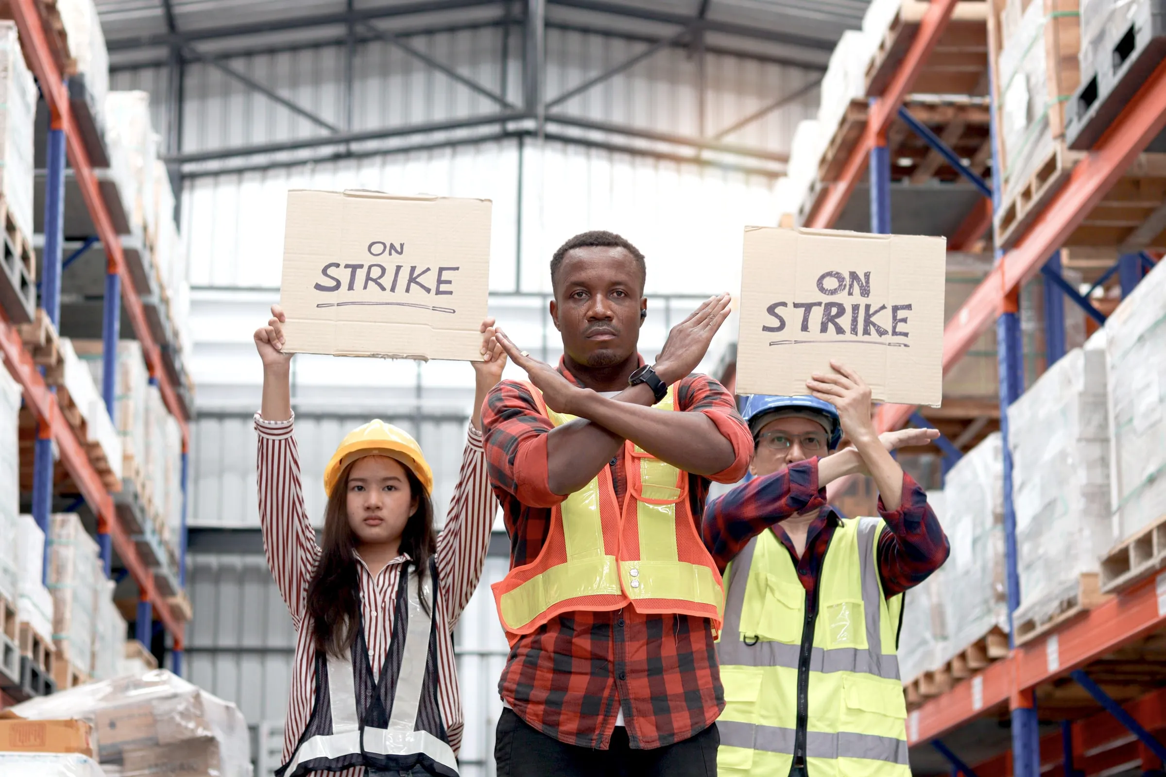 Warehouse workers in high-visibility vests holding ON STRIKE signs, one with arms crossed