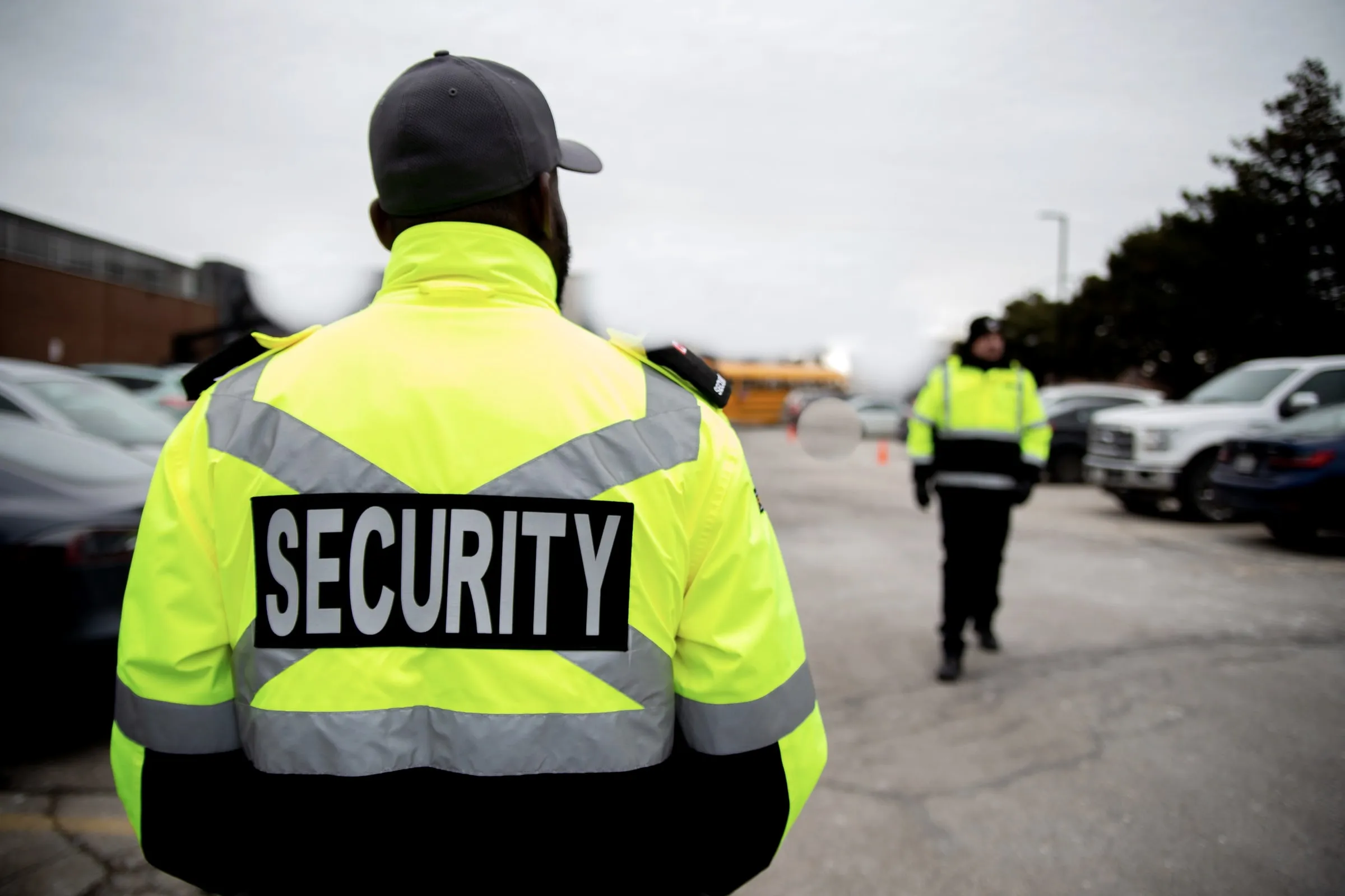 Security officers patrolling a truck yard and parking area