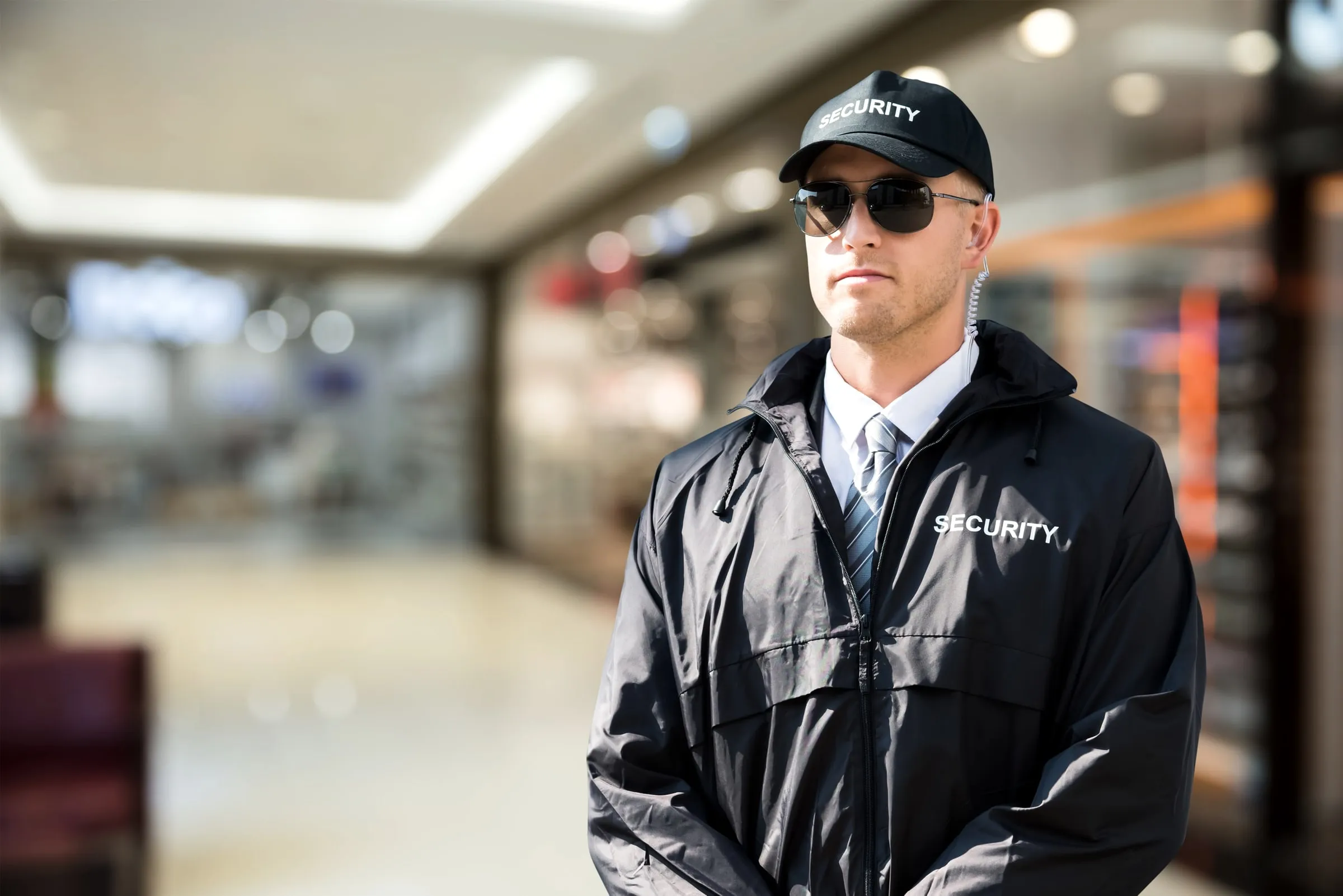 Security officer standing watch inside a retail center