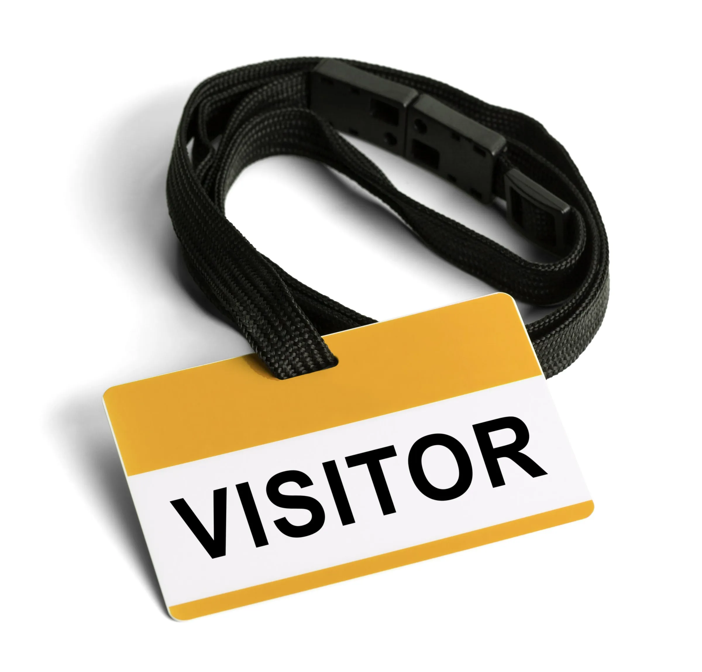 Yellow and white VISITOR badge attached to a black lanyard, coiled on a plain white background
