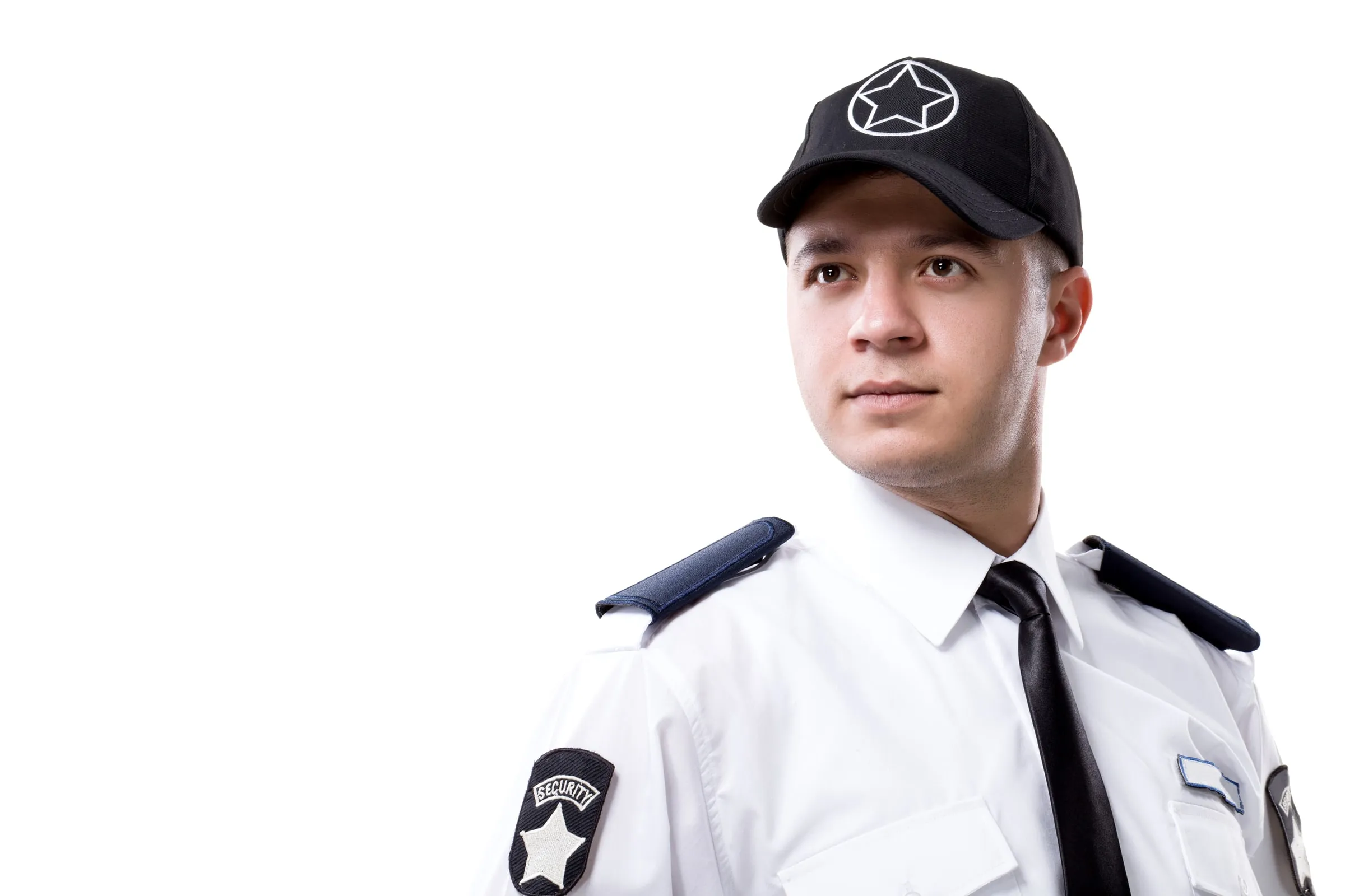 Studio portrait of a uniformed security officer in a peaked cap with a star badge and a SECURITY shoulder patch