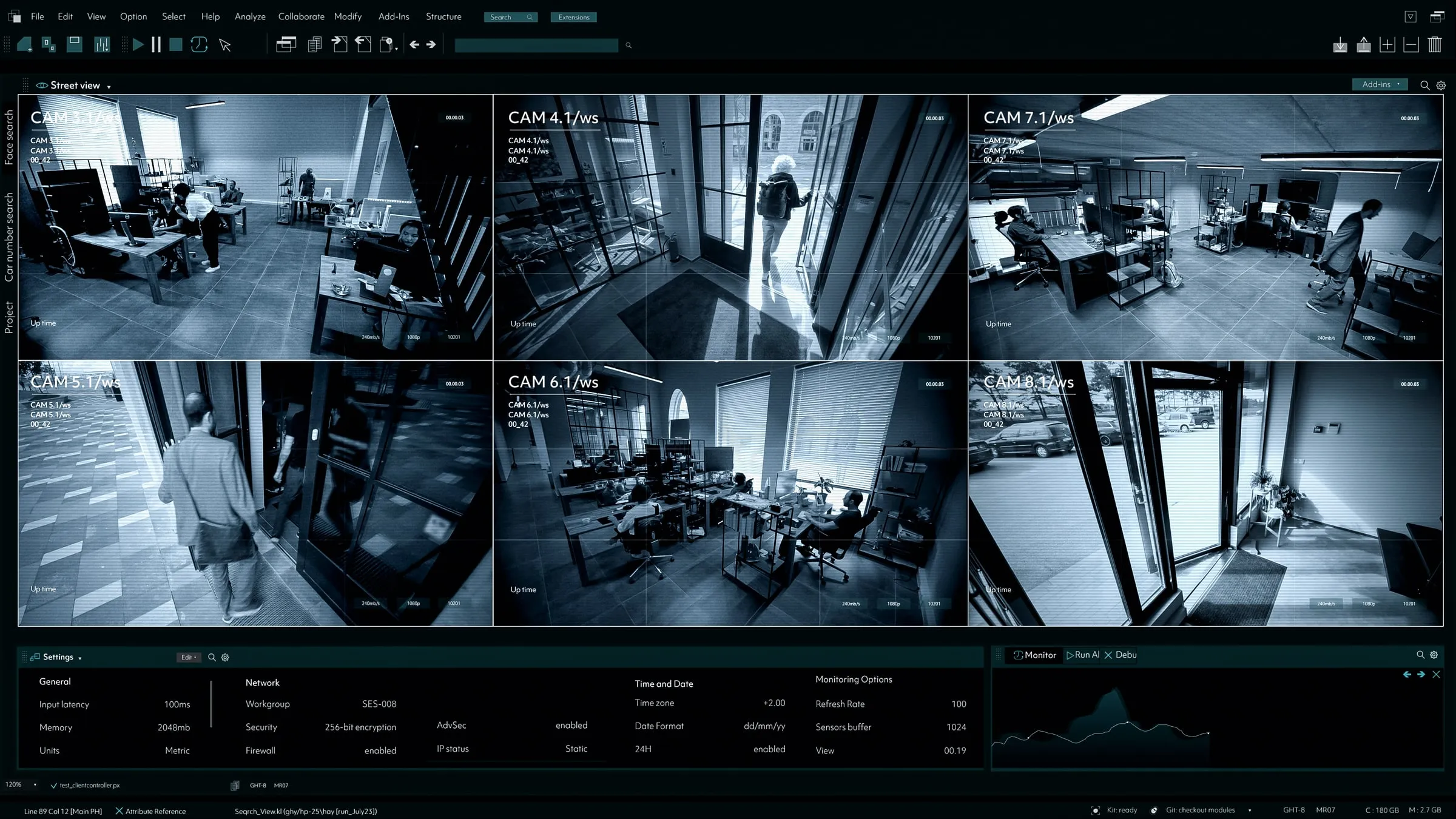 Six night-vision security camera feeds on a monitoring workstation, covering an office entry, desks and a street-facing door