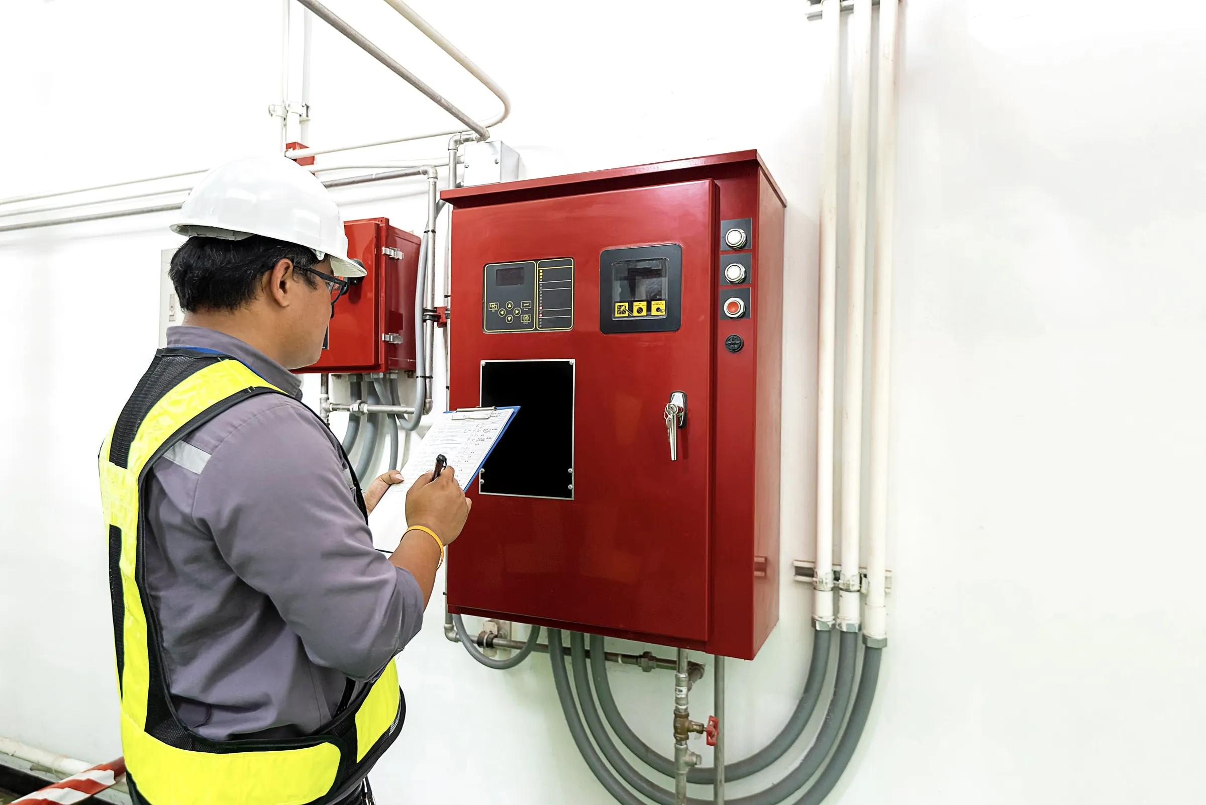Person in a hard hat and yellow safety vest holding a clipboard, inspecting a red fire pump control panel with gauges and switches