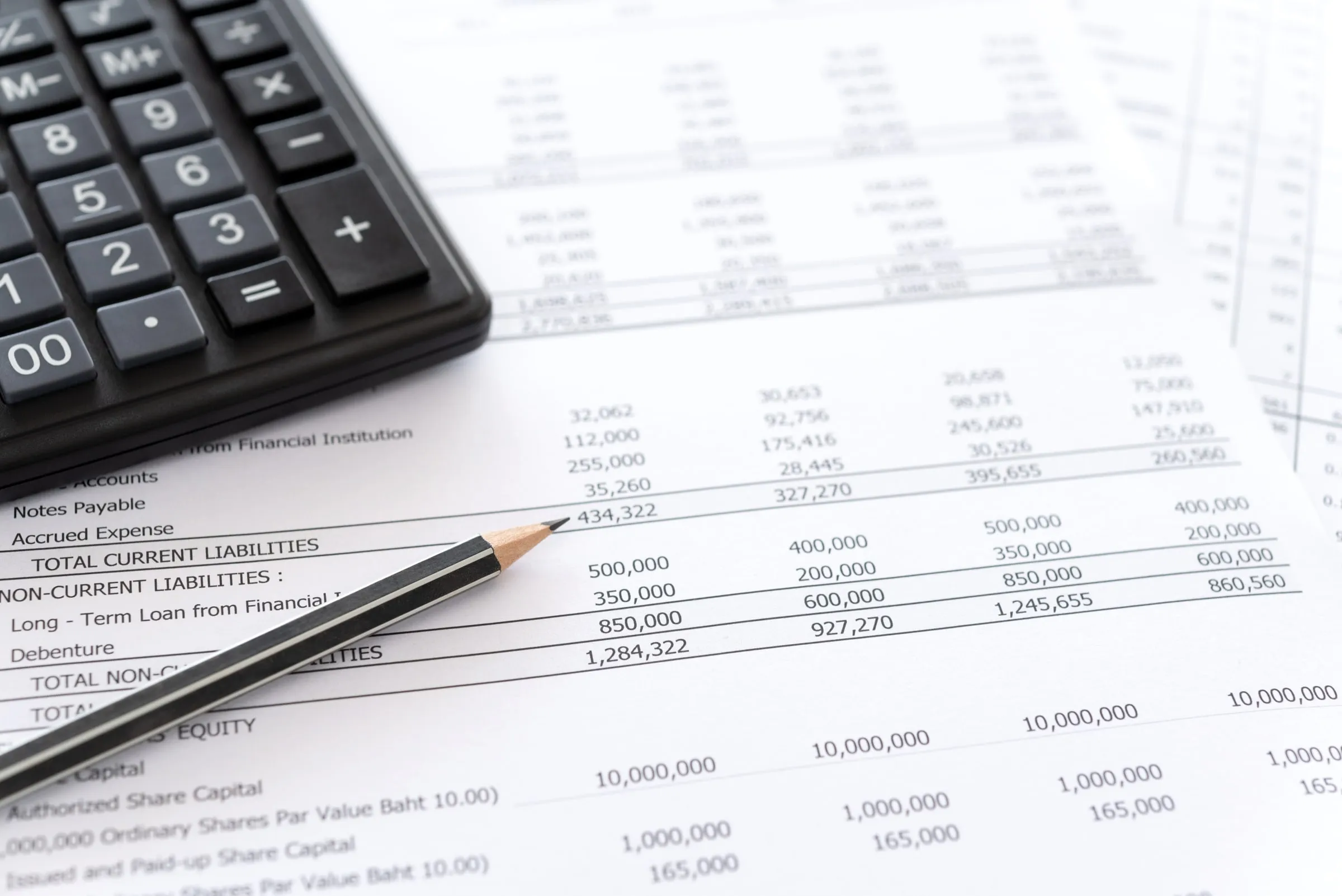 Calculator and pencil resting on a printed financial statement covered in columns of accounting figures