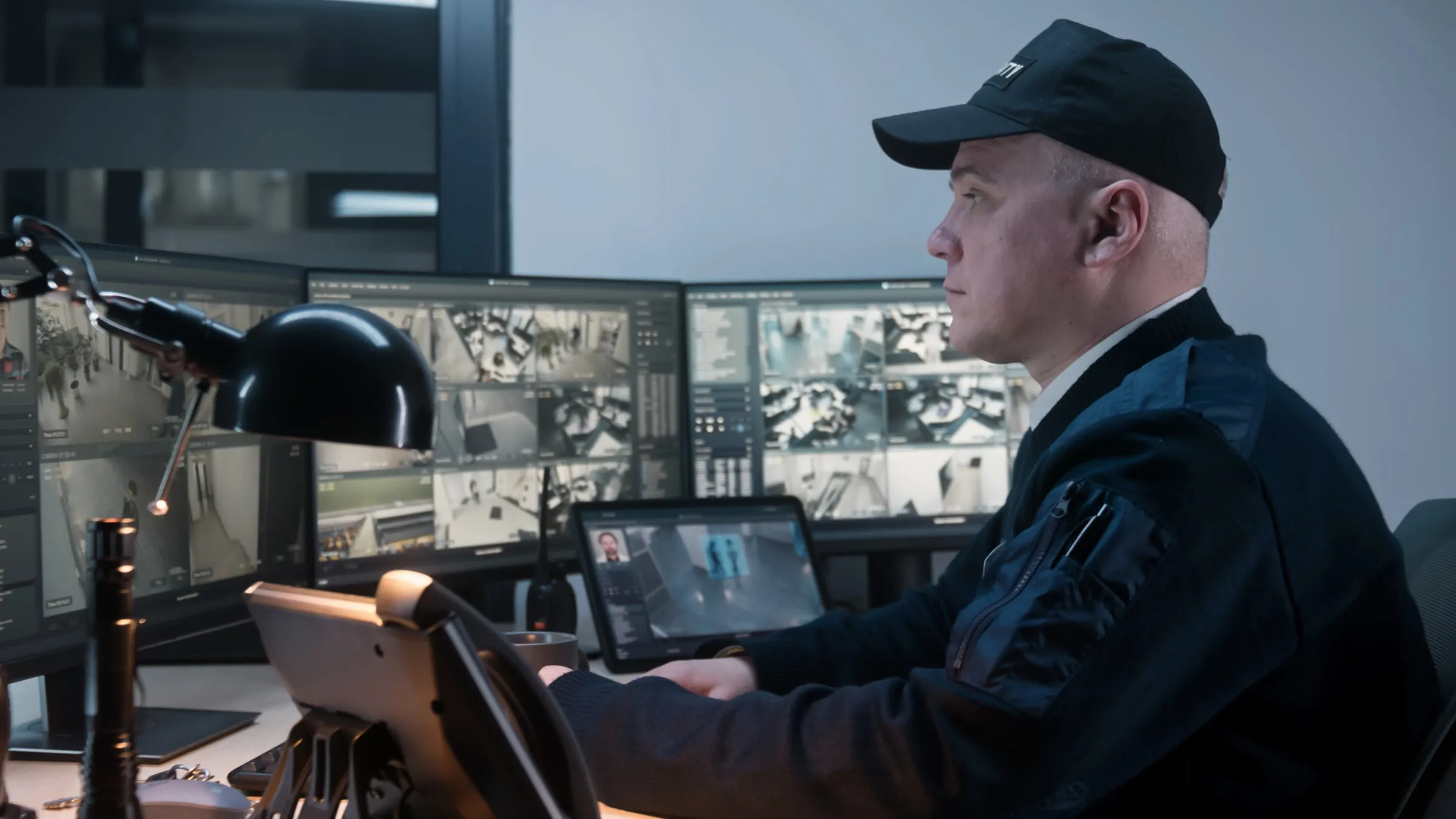 Security officer wearing a dark cap and jacket seated at a desk of monitors showing camera feeds, with a lamp and radio nearby