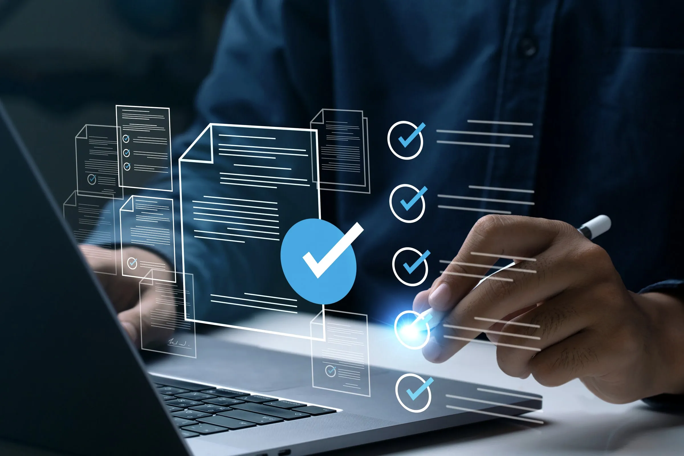 Illustration of document and checklist icons with checkmarks beside a hand typing on a laptop