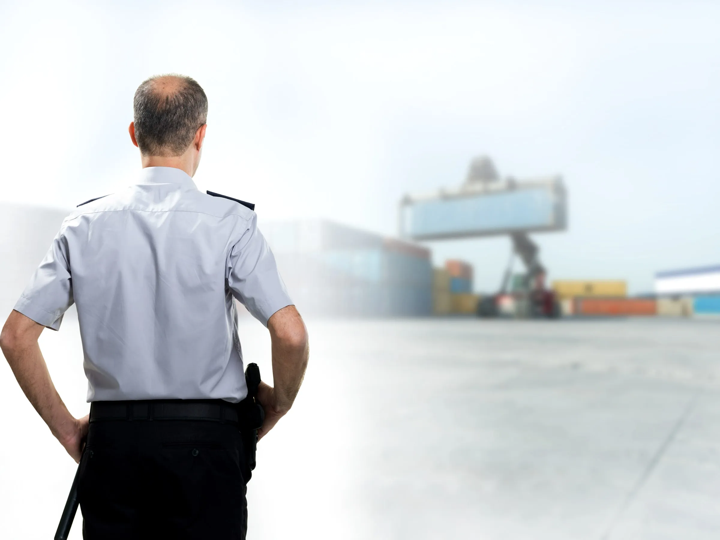 Officer viewed from behind, hands on hips, facing a shipping yard with containers and a gantry crane