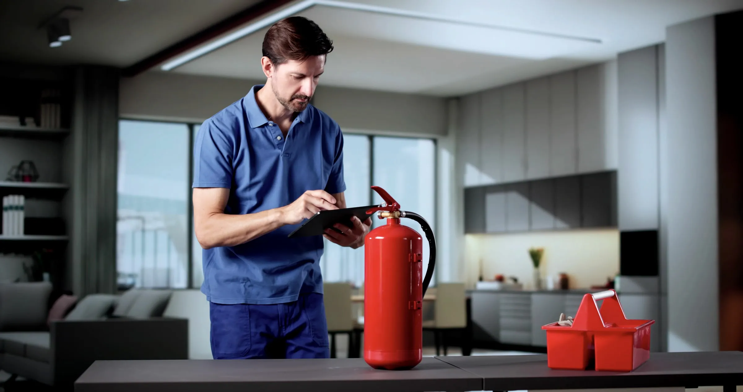 Man in a blue polo shirt reviewing a tablet beside a red fire extinguisher and a red tool case on a table in a modern apartment interior