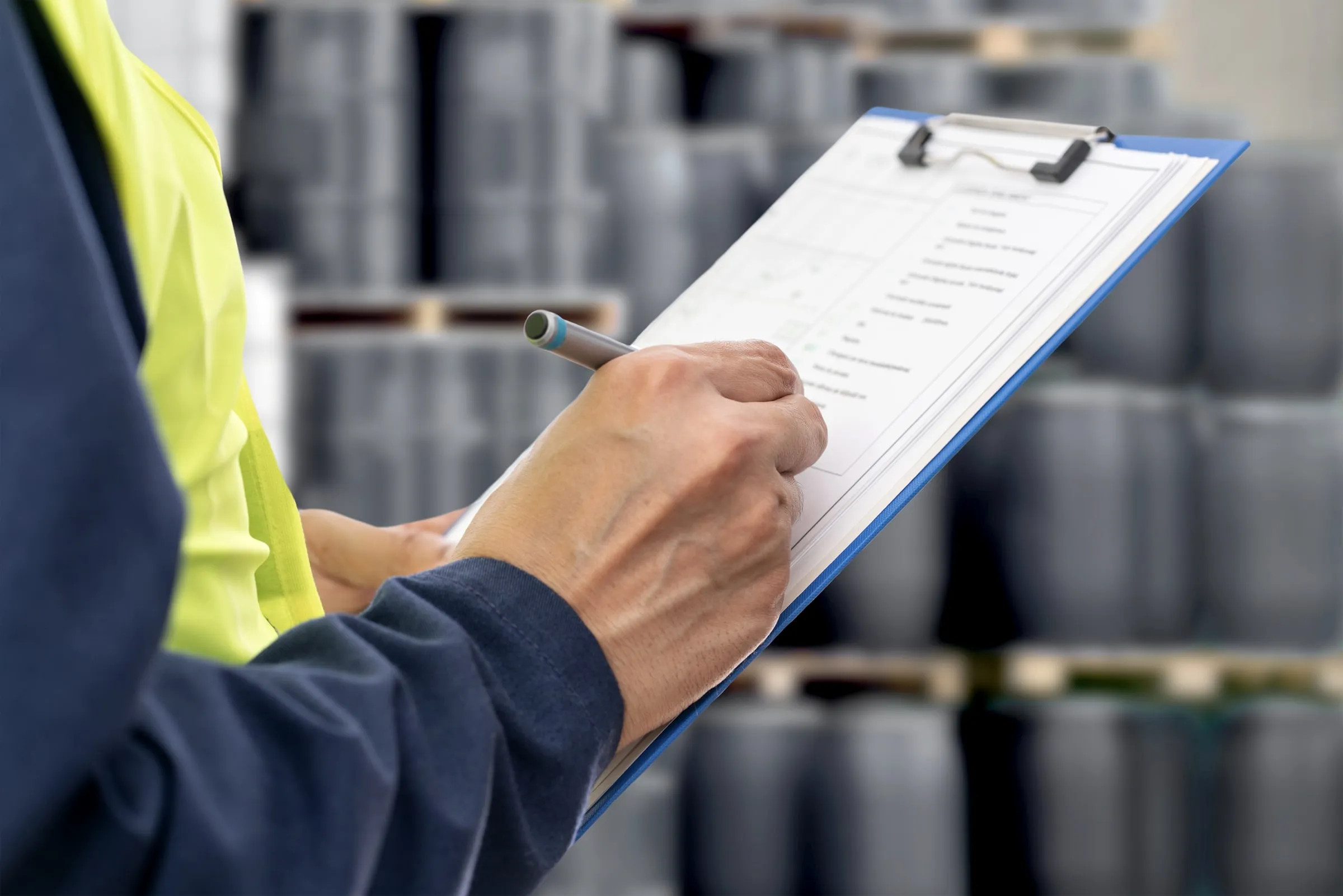 Hand in a navy sleeve writing on a clipboard checklist, with a yellow safety vest and stacked pallets blurred behind