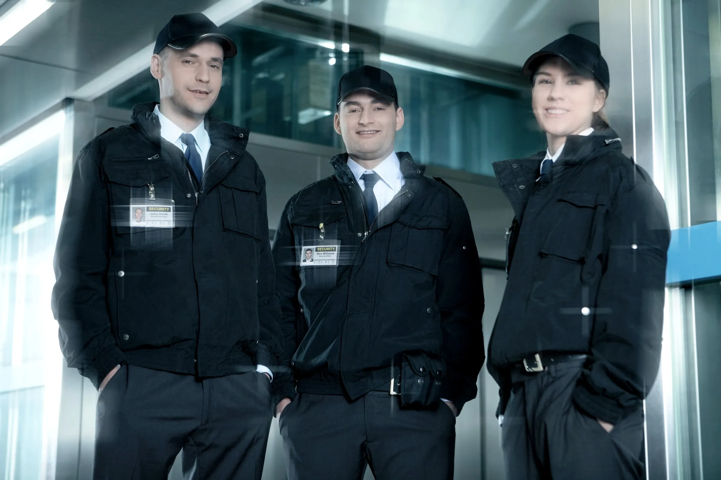 Three security officers in black uniforms